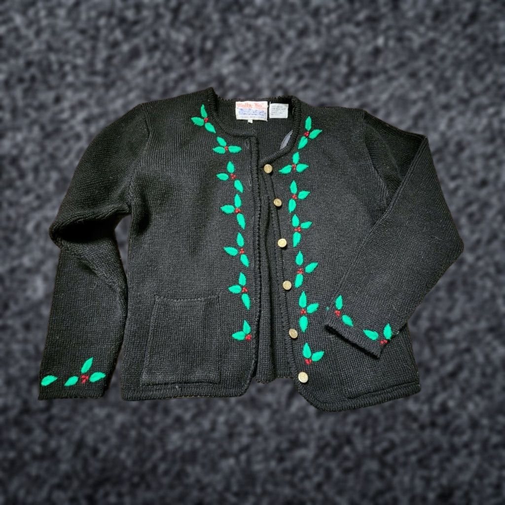 Vintage VINTAGE Tally Ho Cardigan Sweater Womens S Black Embroidered Holly Christmas Cardigan (Crew Neck, Long Sleeve) Size S / US 4 / IT 40 - 1 Thumbnail