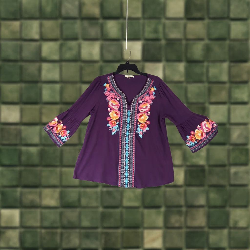 Vintage Andree By Unit Blouse Purple Floral Embroidered 3/4 Bell Sleeve V-Neck M Bohemian Adults Womens Shirt Top Size M / US 6-8 / IT 42-44 - 1 Thumbnail