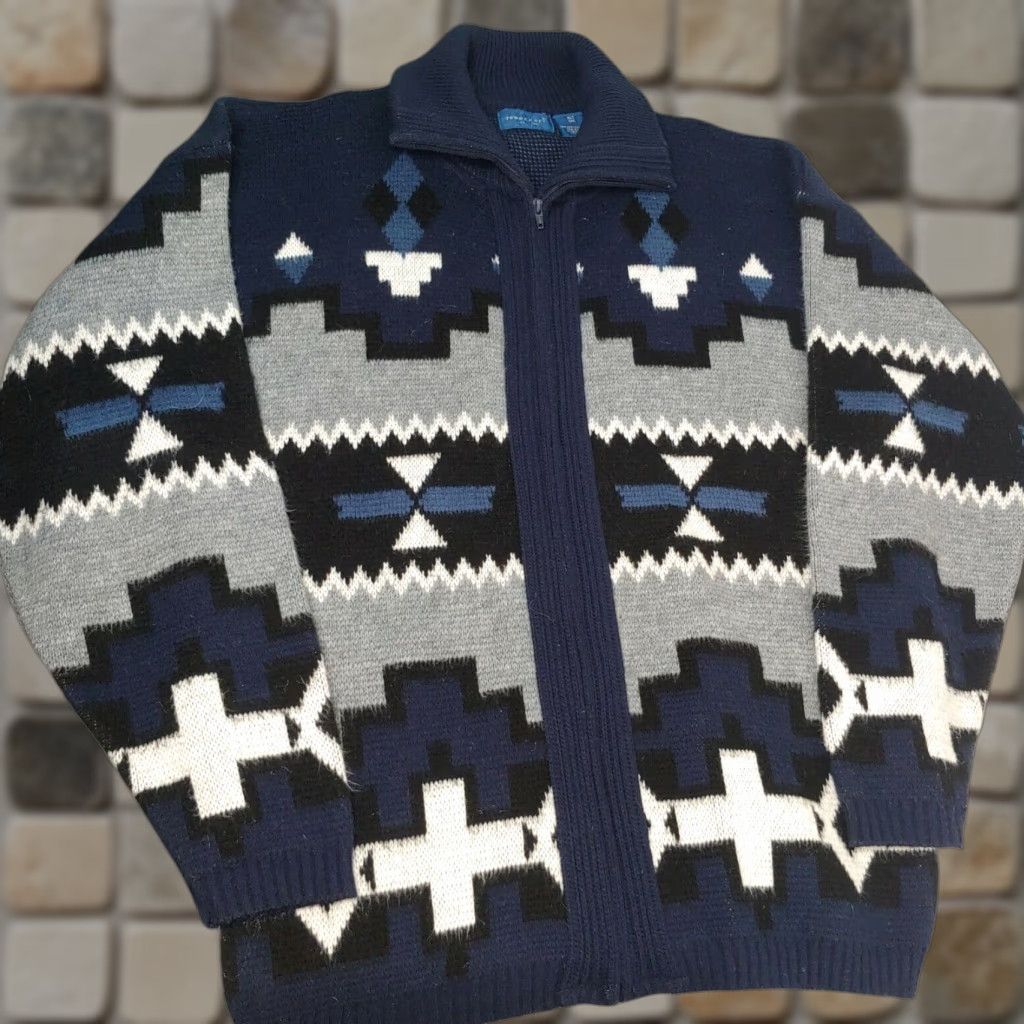 Vintage VINTAGE Towncraft Men's XL Tall Aztec Southwest Pattern Zip Cardigan Sweater - Retro 80s Knit Casual Long Sleeve Size US XL / EU 56 / 4 - 1 Thumbnail