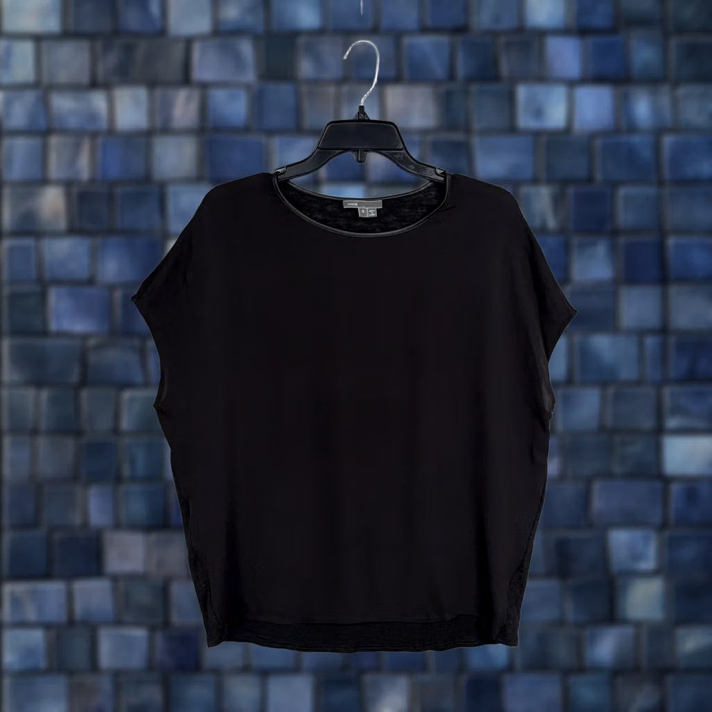 Vince Vince Blouse Womens S Black Silk Linen Leather Trim Crew Neck Cap Sleeve Top Size S / US 4 / IT 40 - 1 Thumbnail