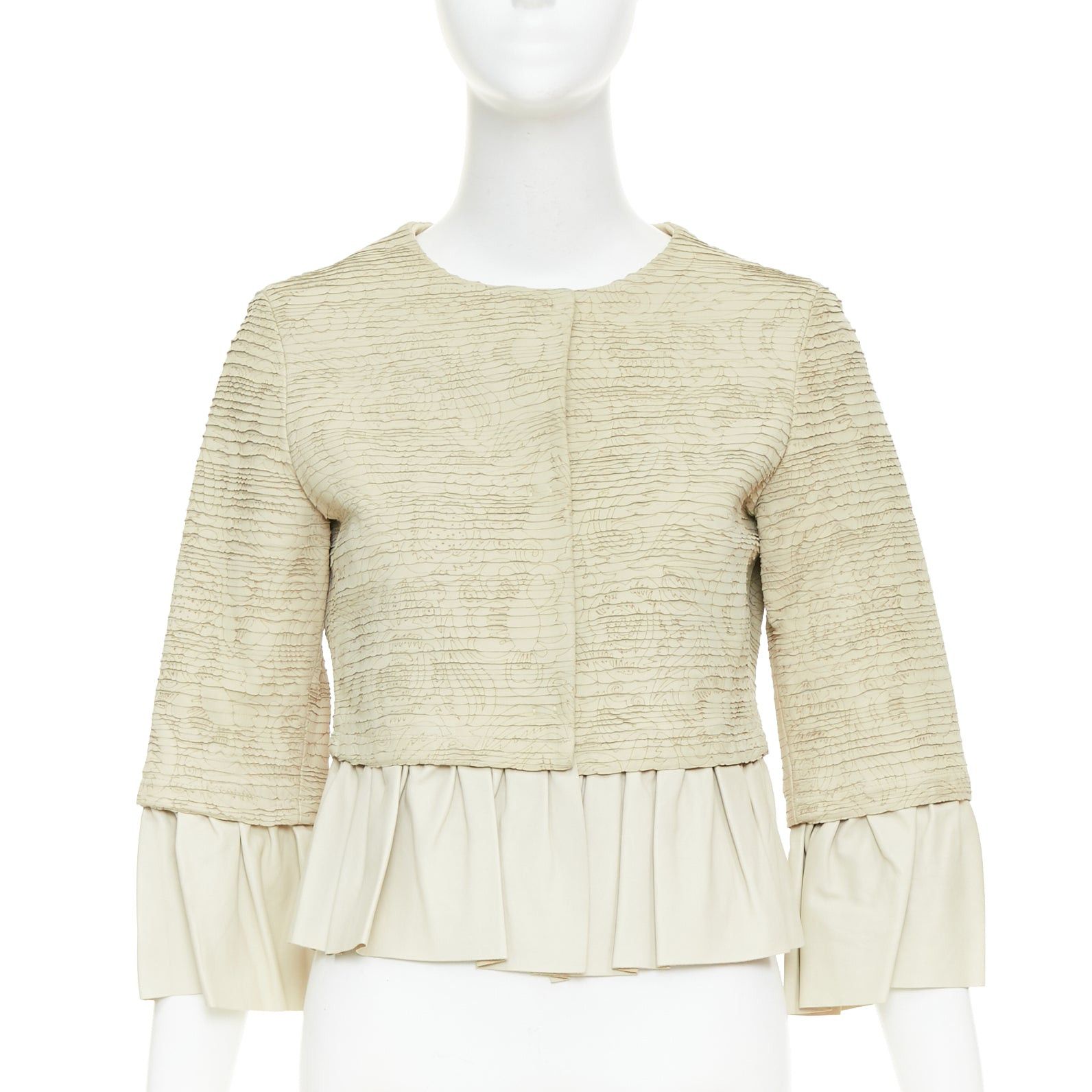 Valentino VALENTINO beige lambskin leather floral tiered laser cut ruffle cropped jacket IT40 S Size S / US 4 / IT 40 - 1 Thumbnail