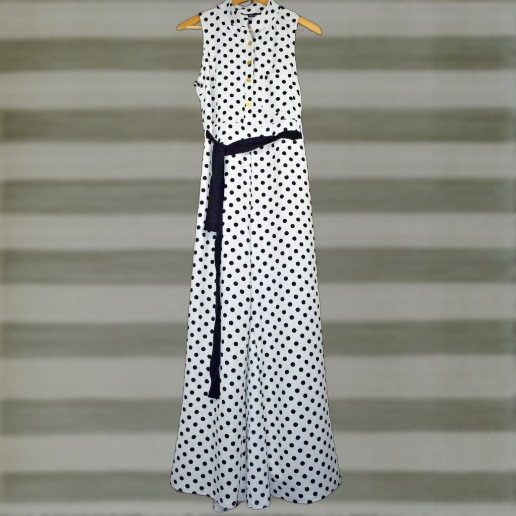 VINTAGE Bonita Jumpsuit Sleeveless Size M White Black Polka Dot Flared Leg 90s