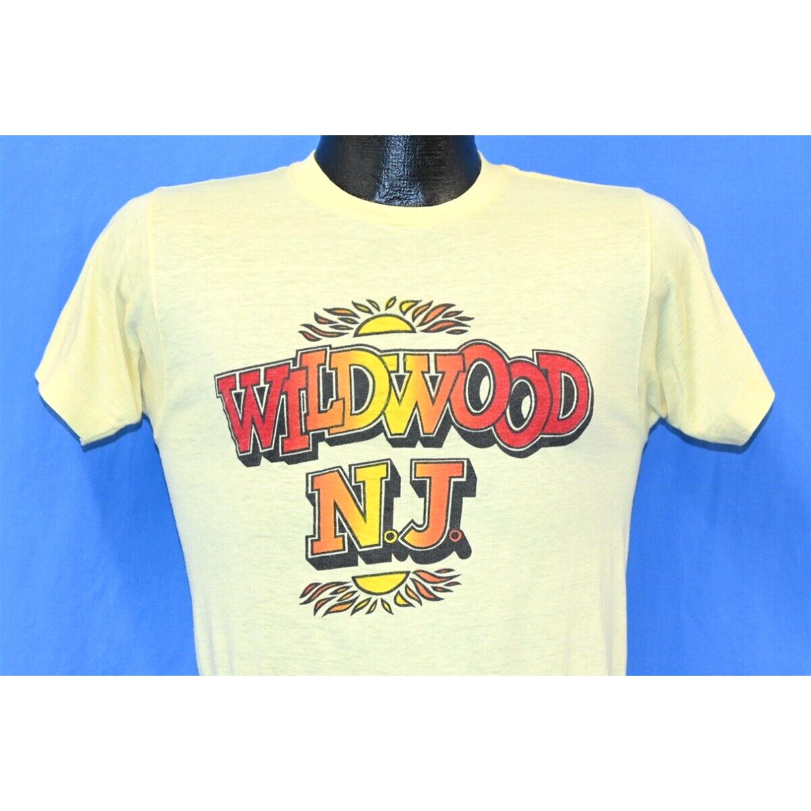 Image of Vintage 70's Wildwood New Jersey Sunset Beach Yellow Soft Thin T-Shirt Small S in White, Men's