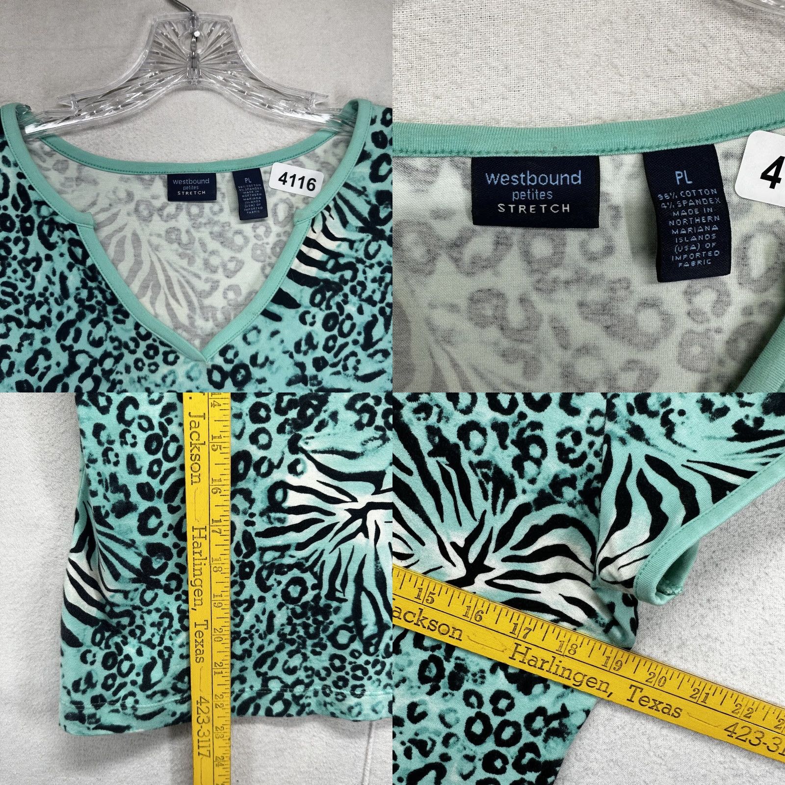 Vintage Westbound Petites Blue Cheetah Animal Print Blouse Top Women's Large PL Short Sleeve V-Neck Size L / US 10 / IT 46 - 8 Thumbnail