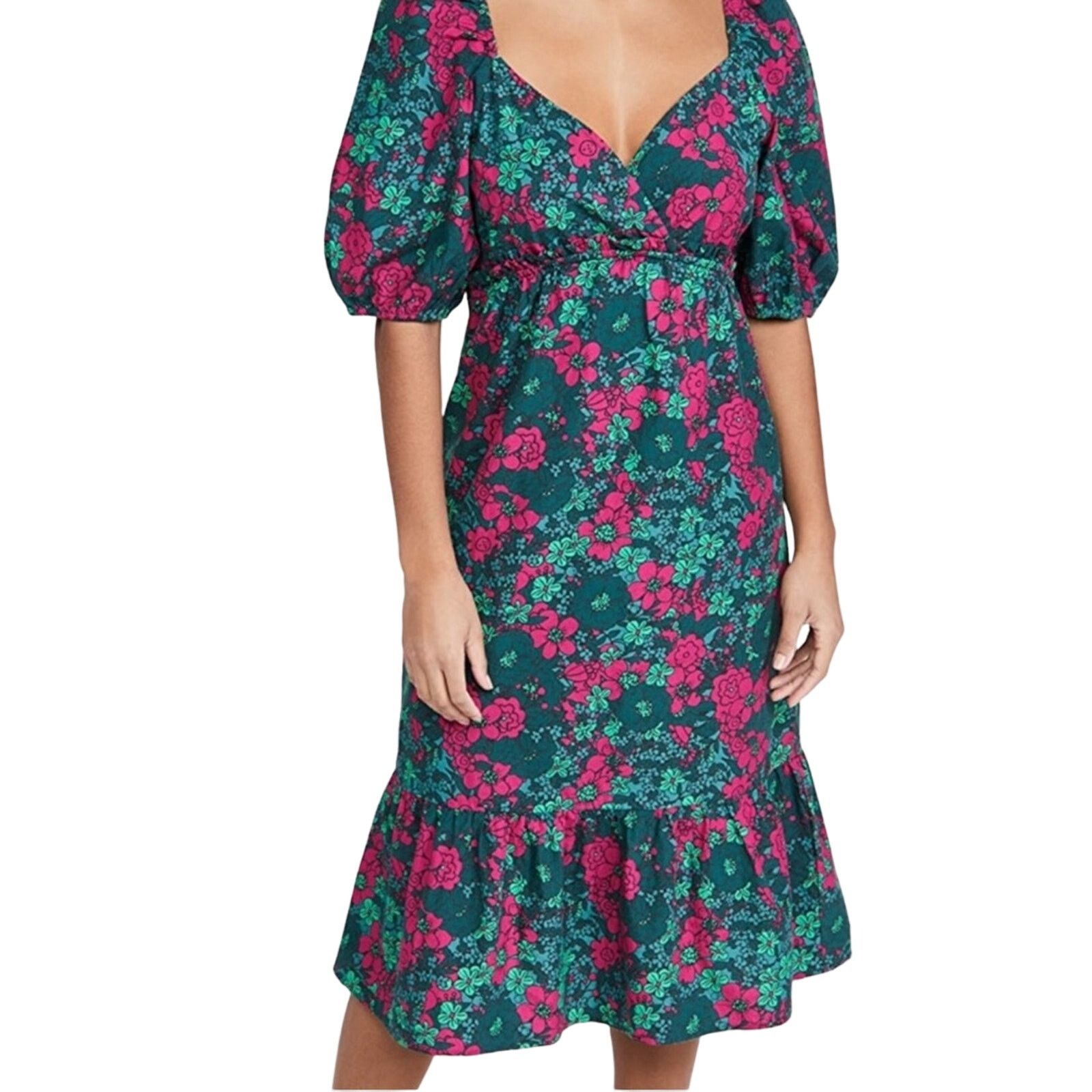 Other Rahi Floral Fuchsia Teal Puff Sleeve Midi Ruffle Dress Sz XS Size XS / US 0-2 / IT 36-38 - 1 Thumbnail