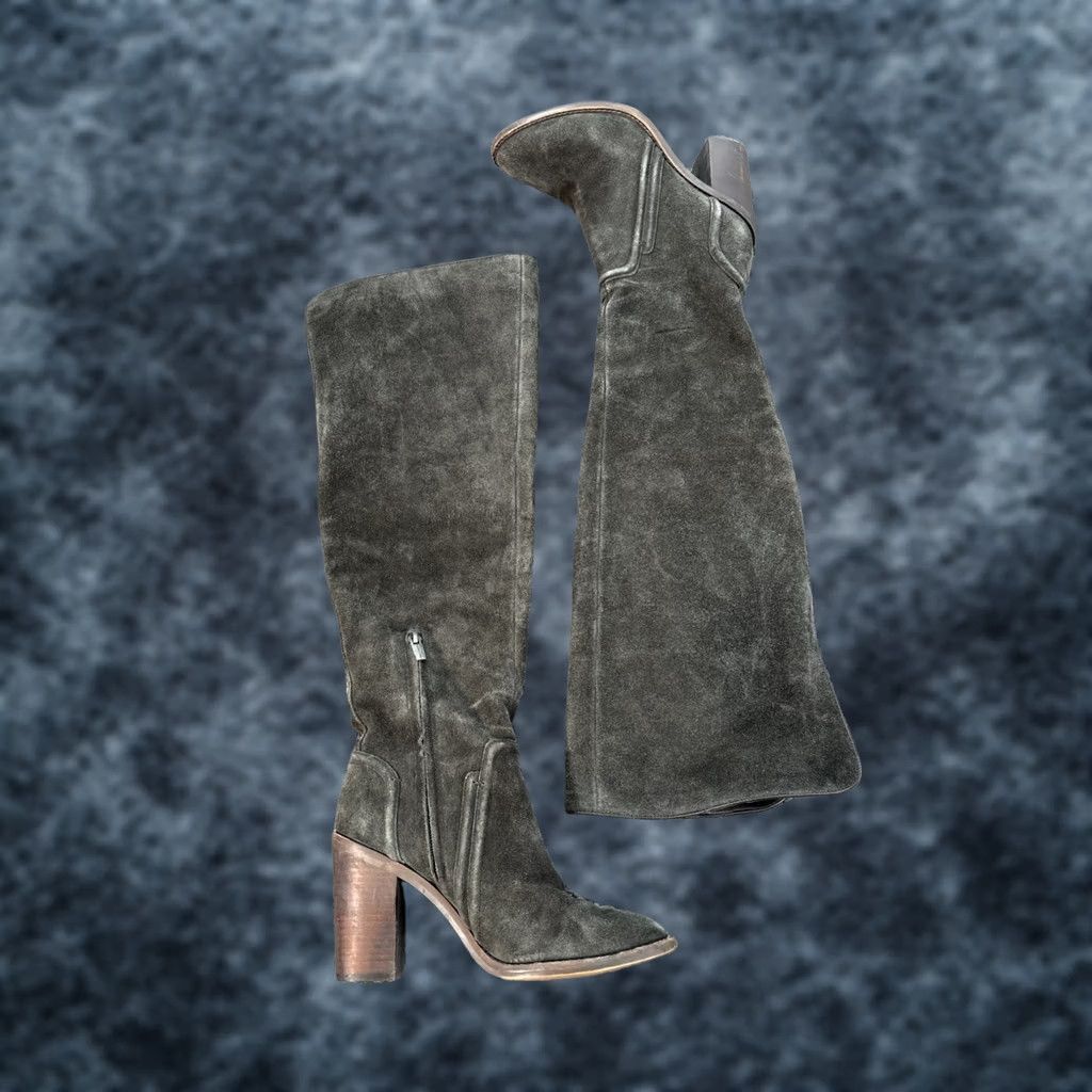 Vince Camuto Vince Camuto Karita Over the Knee Boot Gray 8M Suede Stretch Riding Pull On Women Wheels? Size US 8 / IT 38 - 1 Thumbnail