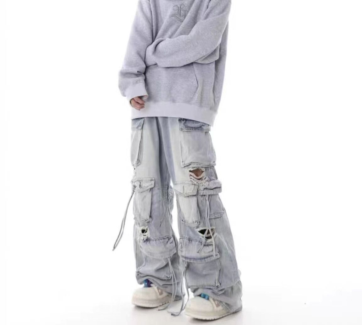 Japanese Brand × Jean Retro heavy industry beggar ripped workwear wide leg jeans Size US 30 / EU 46 - 6 Thumbnail