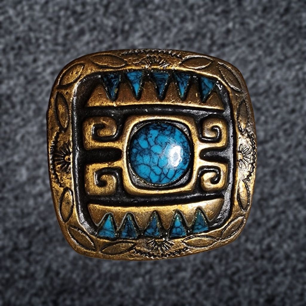 Native VINTAGE Brass & Turquoise Western Belt Buckle Distressed Men Belt Buckle 1970s Brass Turquoise Western Men Size ONE SIZE - 1 Thumbnail