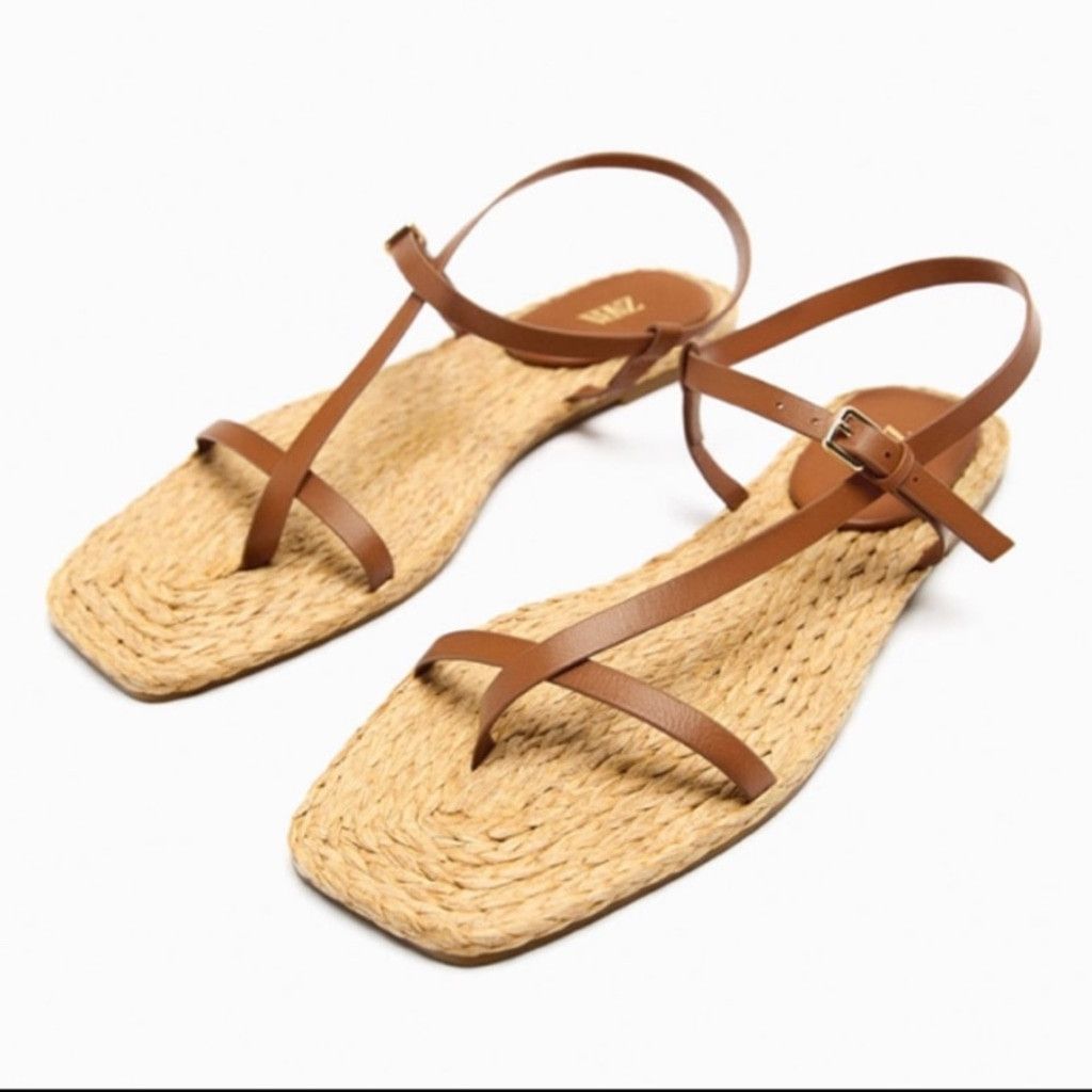 Zara 🤎 FLAT SANDALS WITH LEATHER STRAPS Size US 10 / IT 40 - 5 Thumbnail