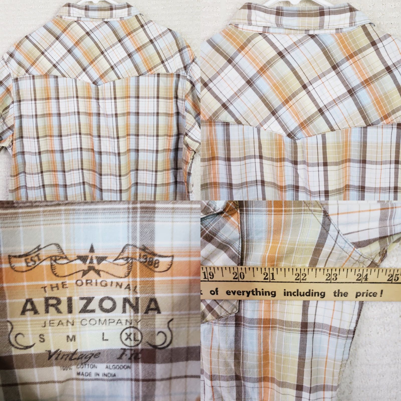 Vintage Mens AriZona Western Plaid Snap Shirt Short Sleeve XL Orange White Brown Size US XL / EU 56 / 4 - 8 Thumbnail