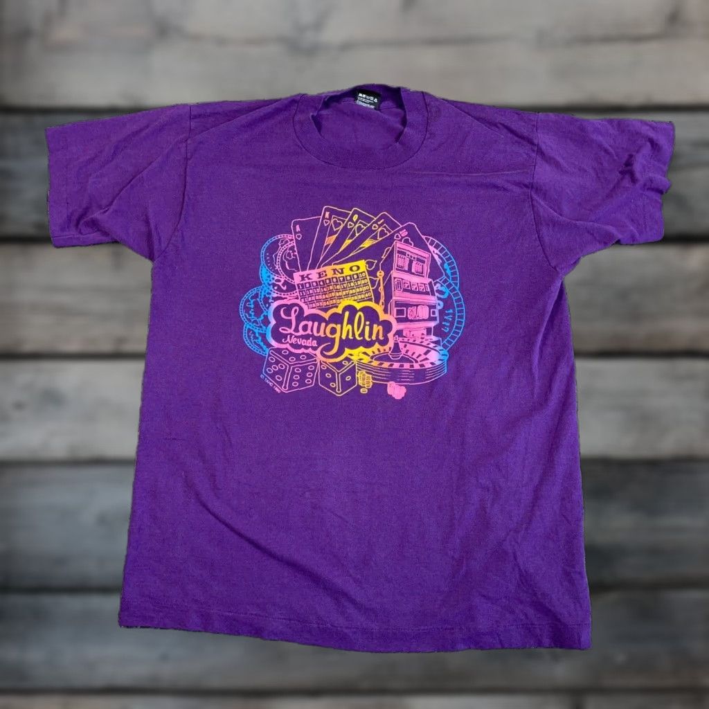 Vintage VTG Laughlin Nevada T-Shirt Mens XL Purple 50/50 Glitter Single Stitch Screen Stars 50/50 90s City Retro Graphic Print VINTAGE Size US XL / EU 56 / 4 - 1 Thumbnail