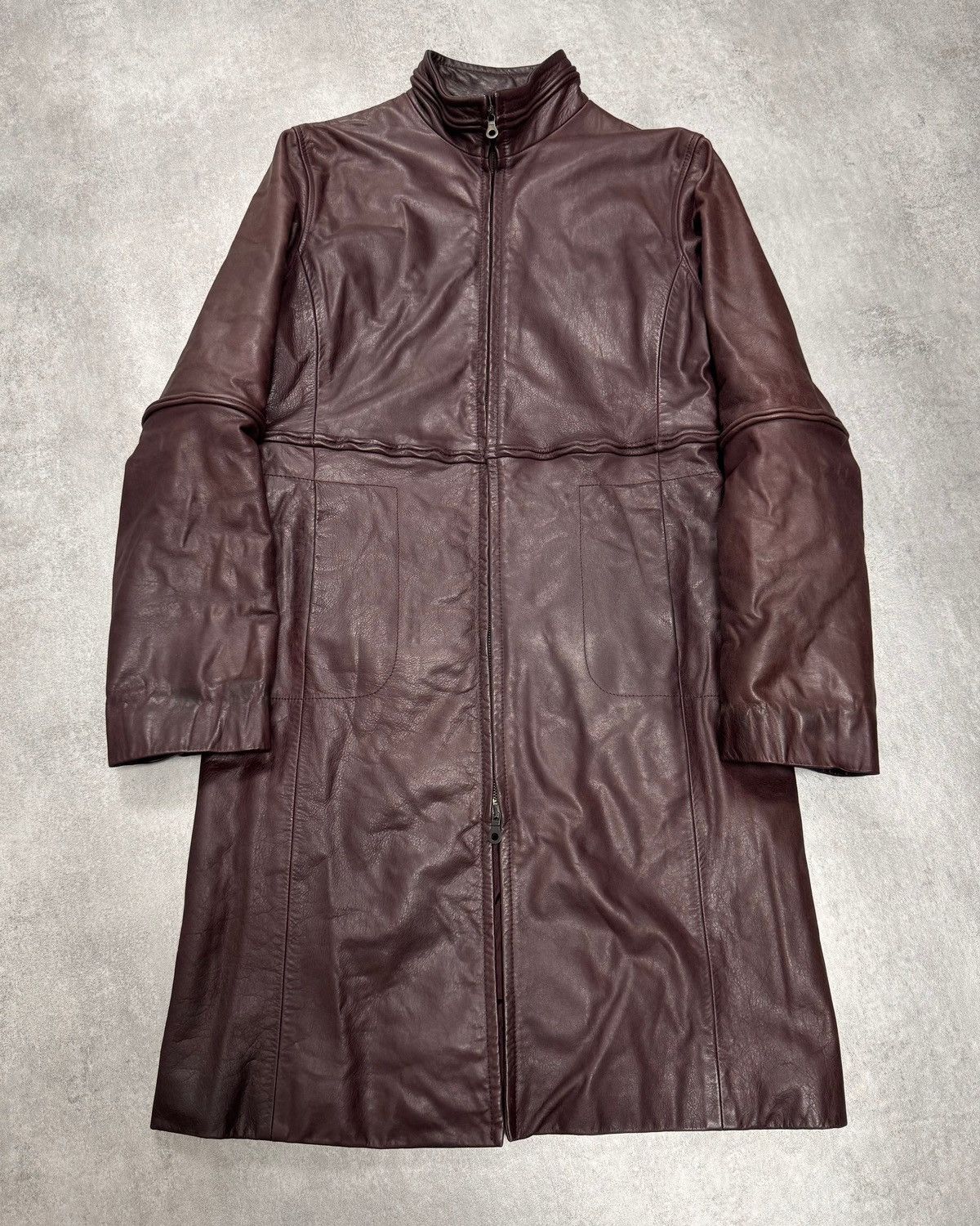 image of Emporio Armani 2000S Armani Old Wine Leather Trench Coat (Xs), Men's