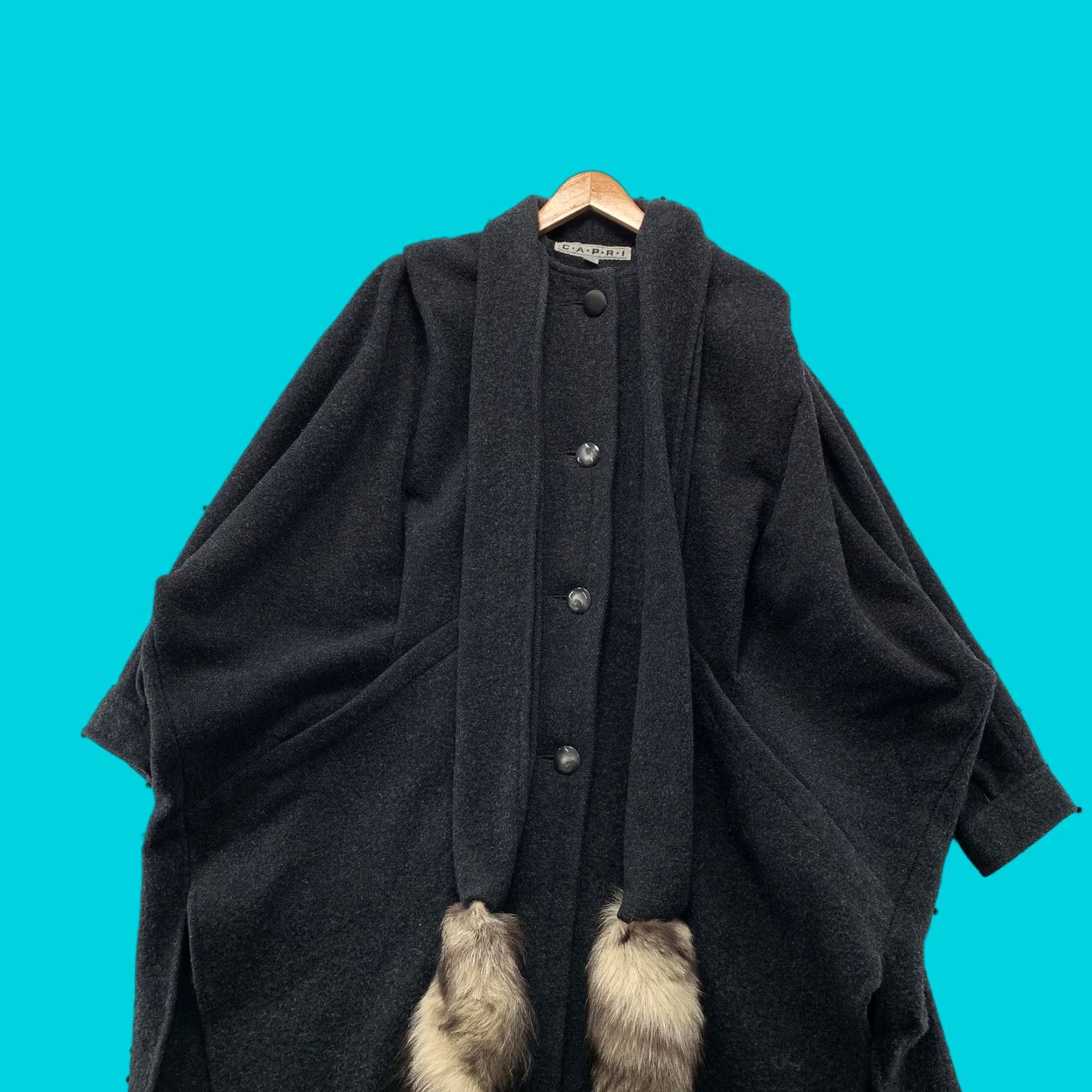 Vintage VINTAGE Capri Wool Cape Coat Womens M Charcoal Fox Tail Overcoat Wool Cape Coat Size M / US 6-8 / IT 42-44 - 1 Thumbnail