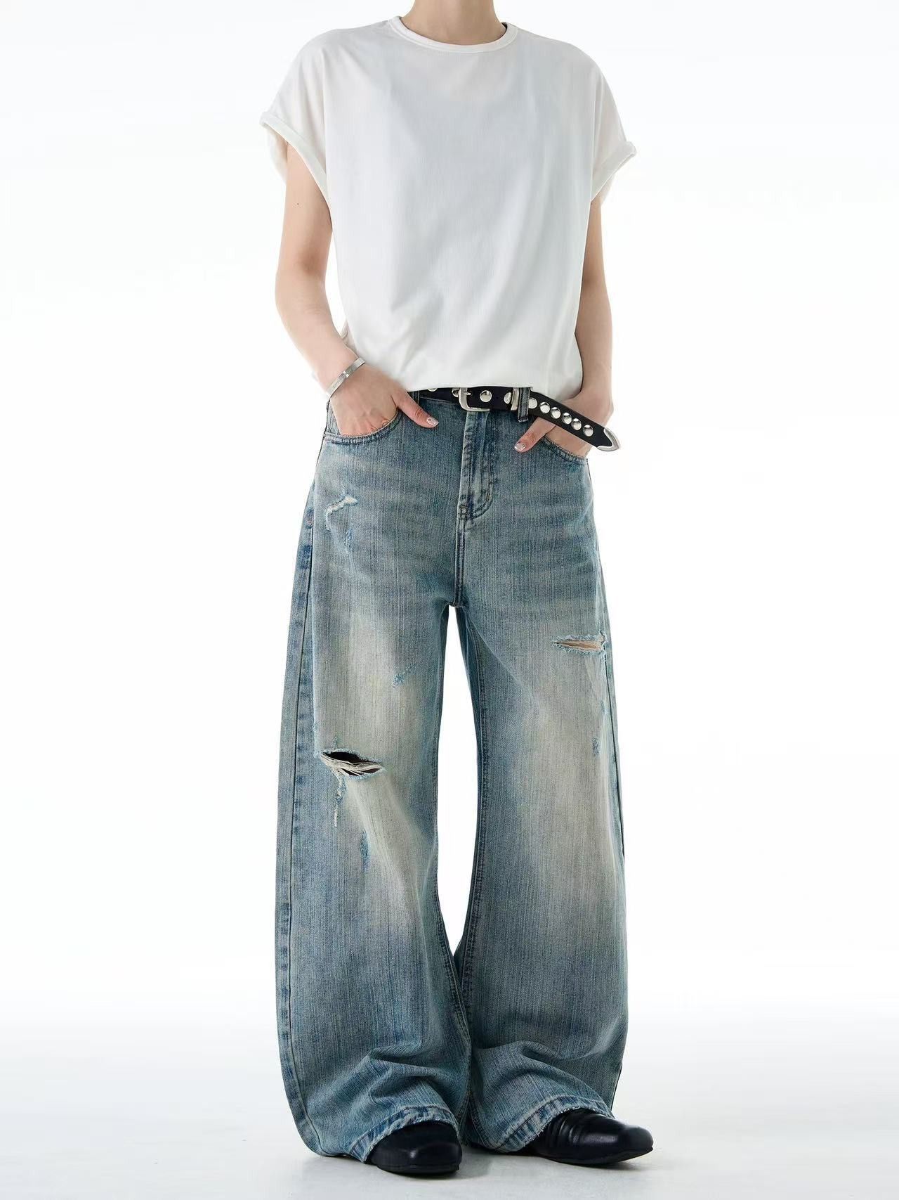 Vintage Retro distressed bamboo men's loose wide-leg ripped jeans Size US 32 / EU 48 - 2 Thumbnail