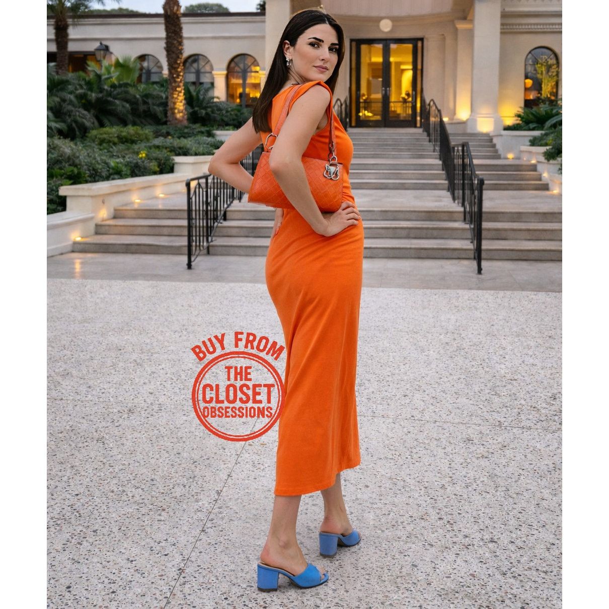 ZARA Orange Fitted Midi Dress NWT