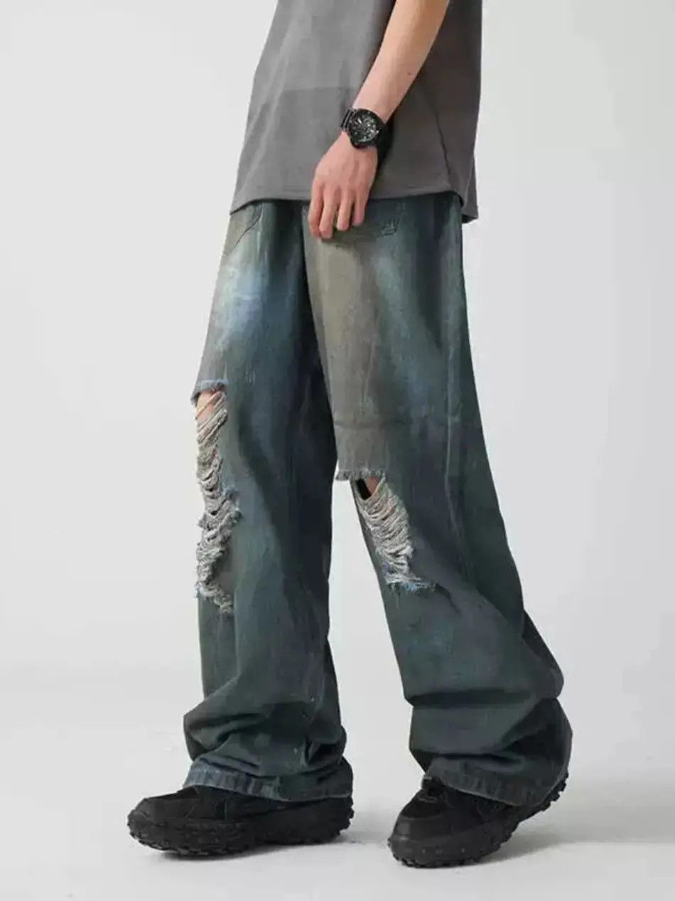 Japanese Brand Retro straight leg distressed jeans Size US 32 / EU 48 - 3 Thumbnail