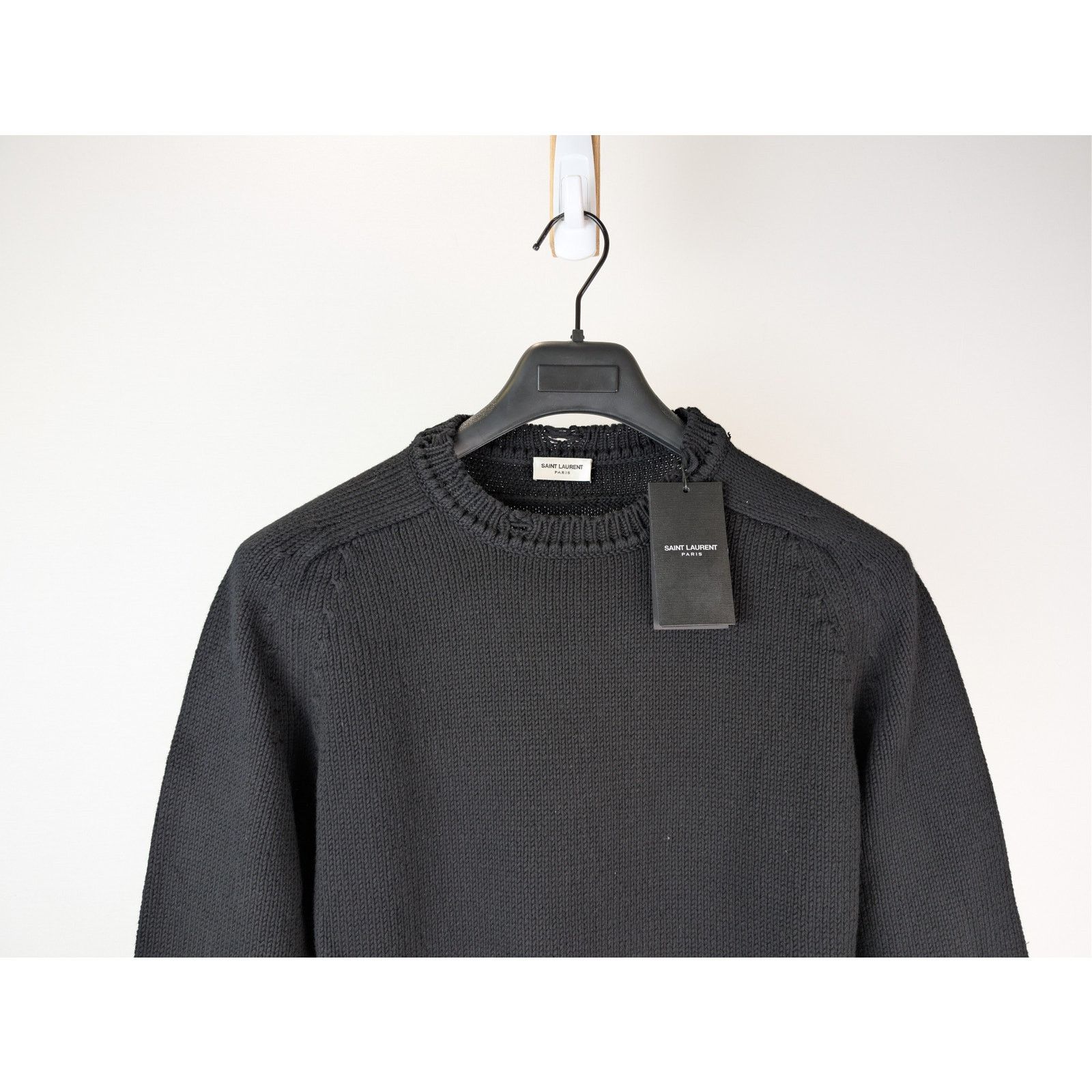 Saint Laurent Paris o1rshd1 Distressed Cotton Knit Crew-Neck Sweater in Black Size US M / EU 48-50 / 2 - 3 Thumbnail