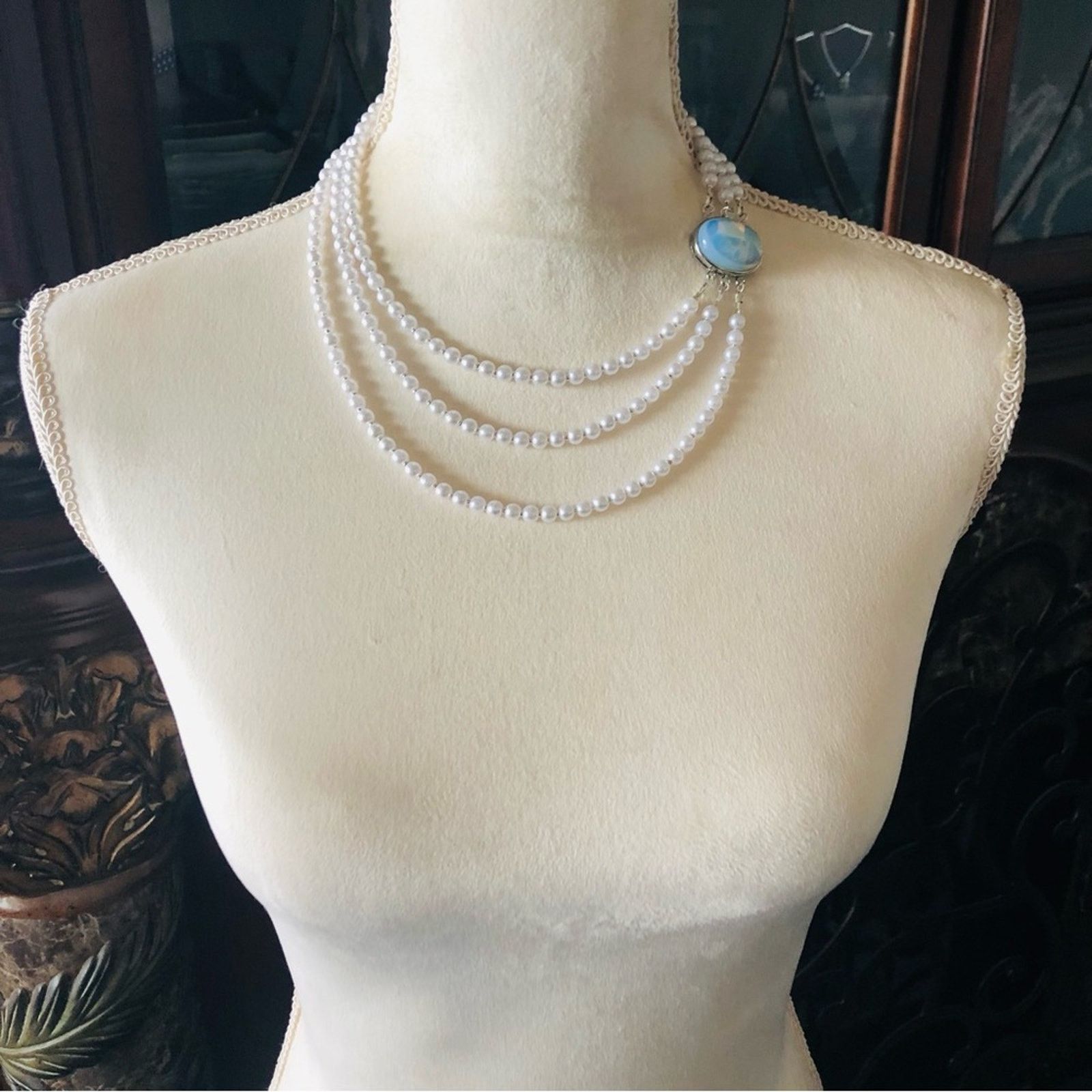 Handmade Handcrafted triple strand white pearl opalite clasp necklace Size ONE SIZE - 5 Thumbnail