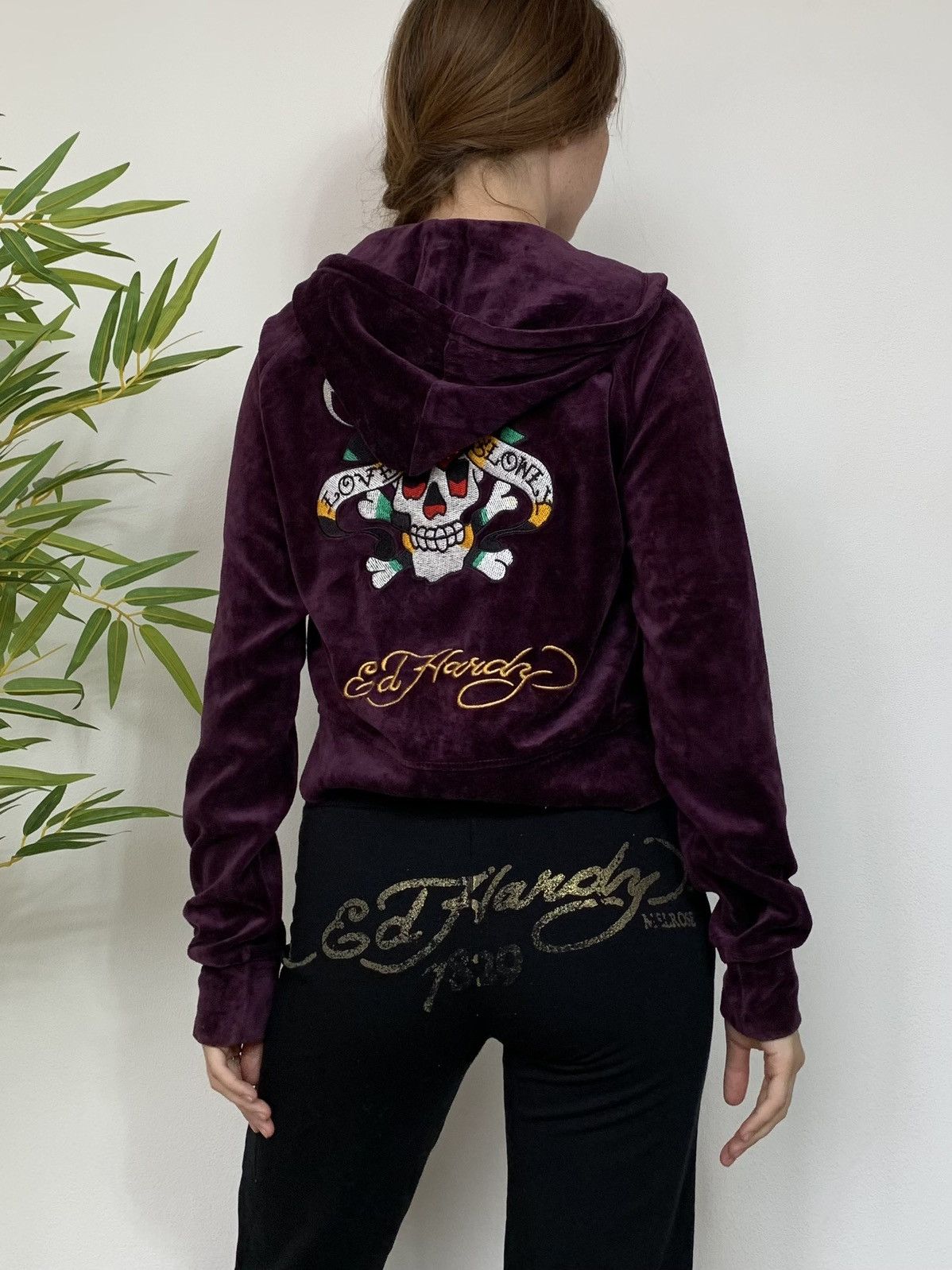 Ed Hardy VINTAGE VELOUR ED HARDY 2000s CROPPED ZIP UP HOODIE Size S / US 4 / IT 40 - 2 Thumbnail