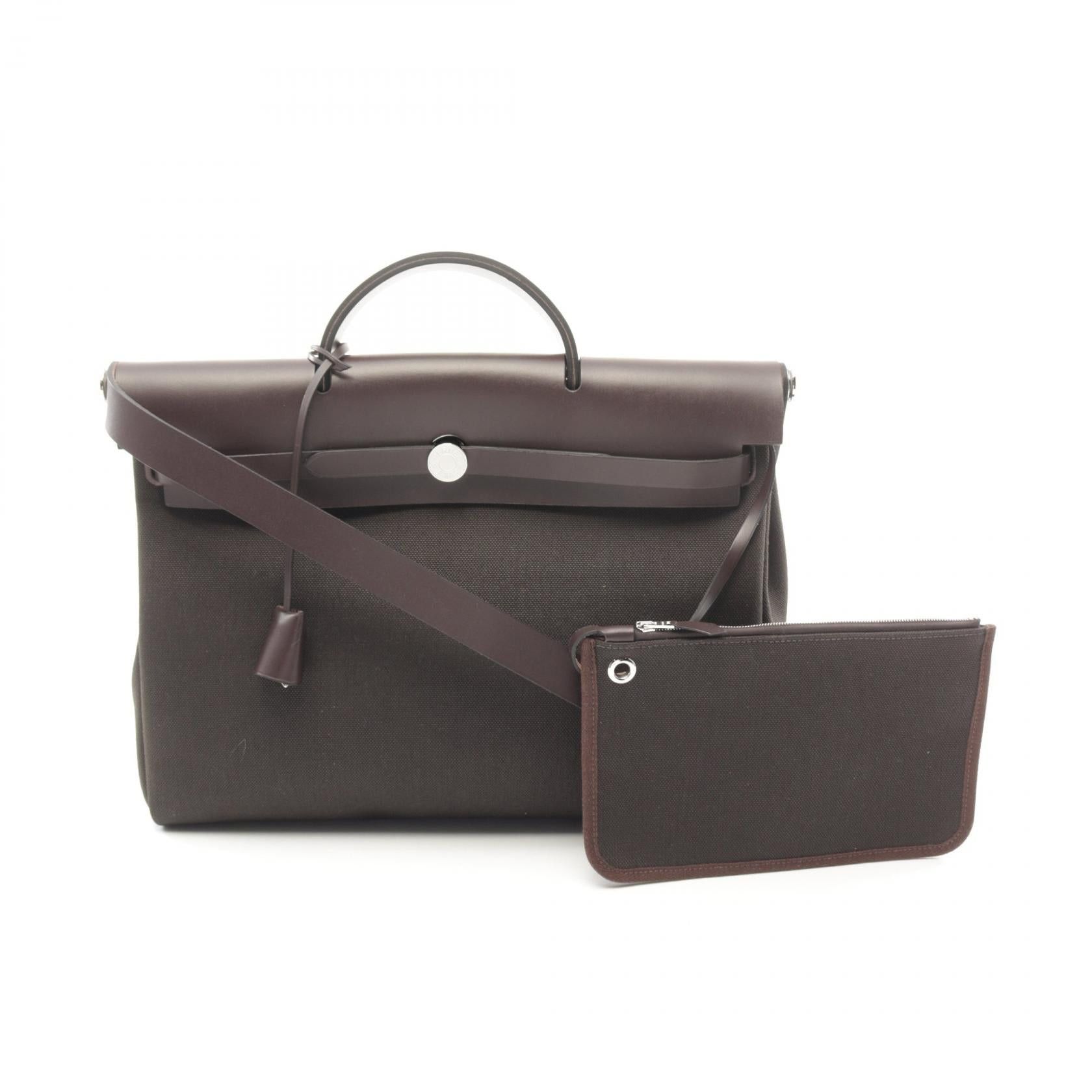 Hermes Hermes Airbag Zip Messenger 39 Veau Degré Handbag Vache Hunter Toile Military Dark Brown Silver Hardware Double Engraved Size ONE SIZE - 1 Thumbnail