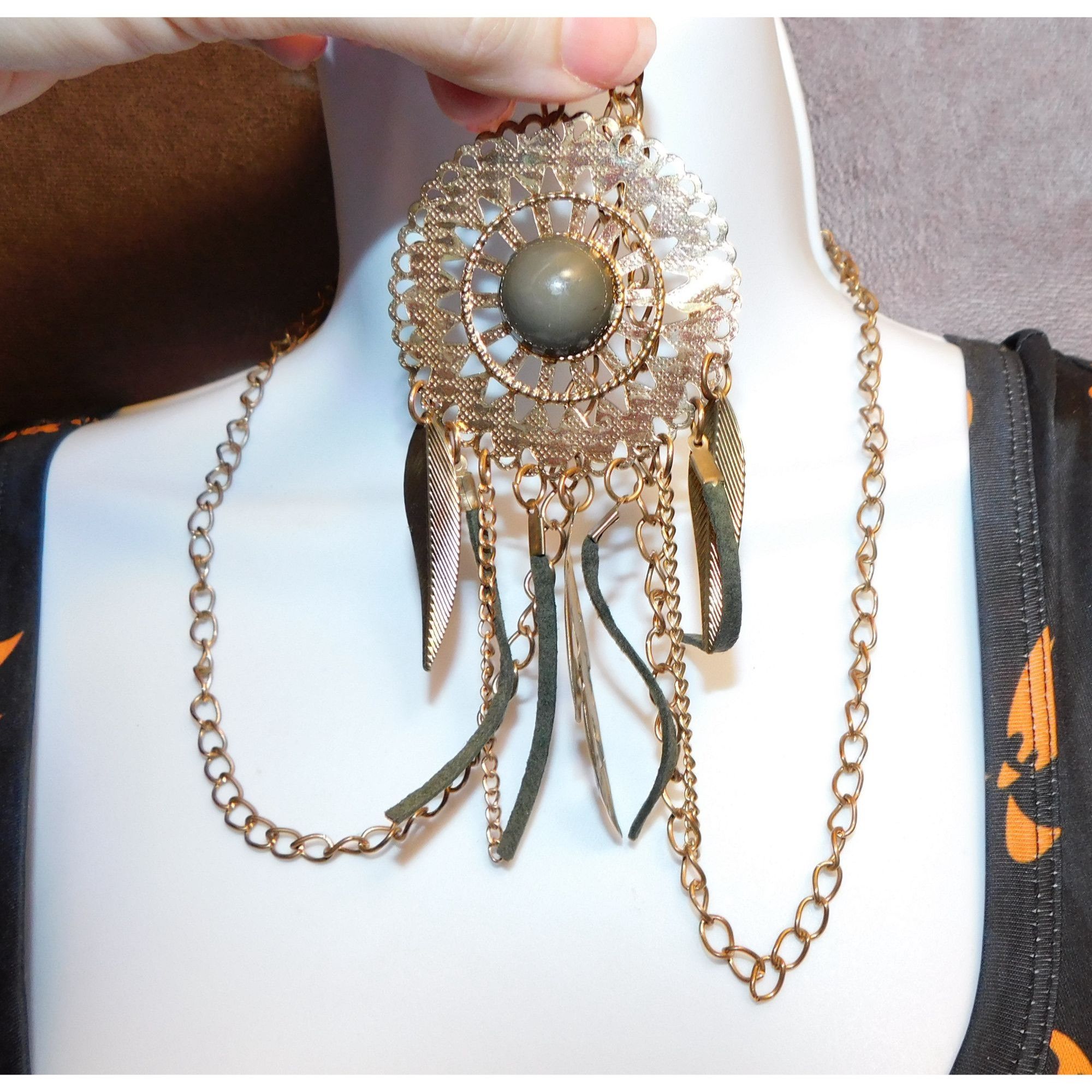 Other Bohemian Medallion Necklace Grey And Gold Tone With Fringe Size ONE SIZE - 1 Thumbnail