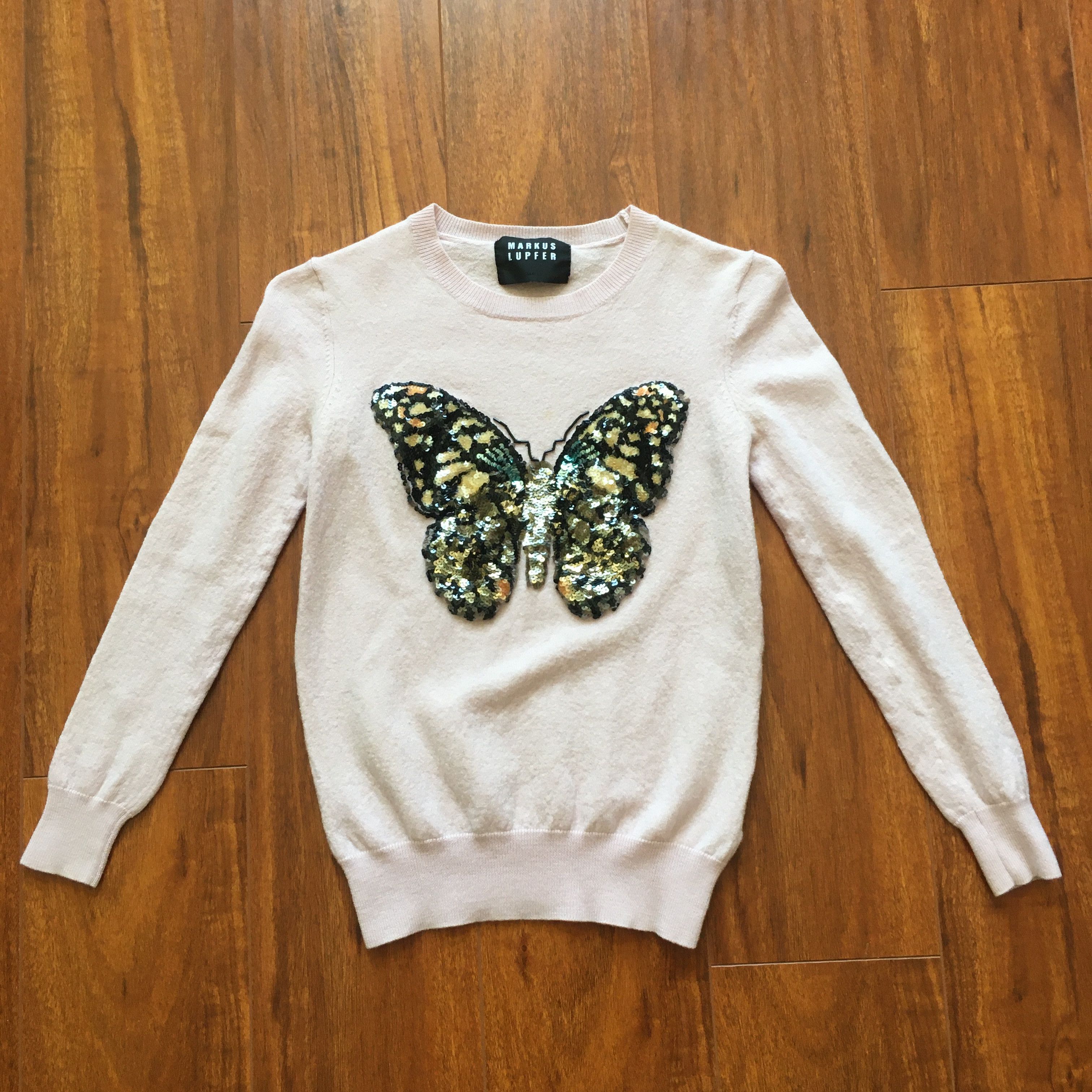 image of Markus Lupfer Pink Butterfly Merino Wool Sweater, Women's (Size Small)