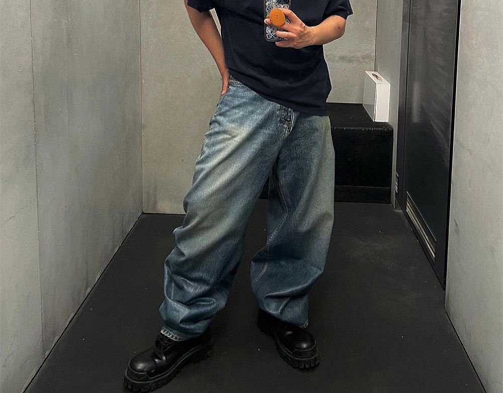 image of Distressed Denim Washed Blue Super Baggy Jeans in Old Blue, Men's (Size 34)