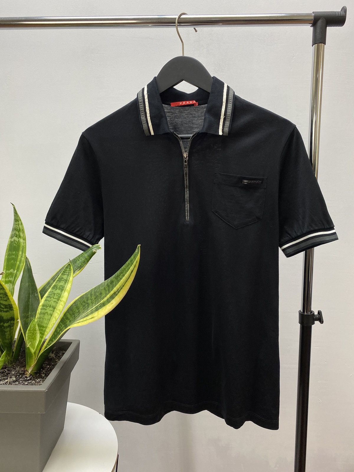 image of Prada Polo Zip Pocket Logo T-Shirt in Black, Men's (Size Small)