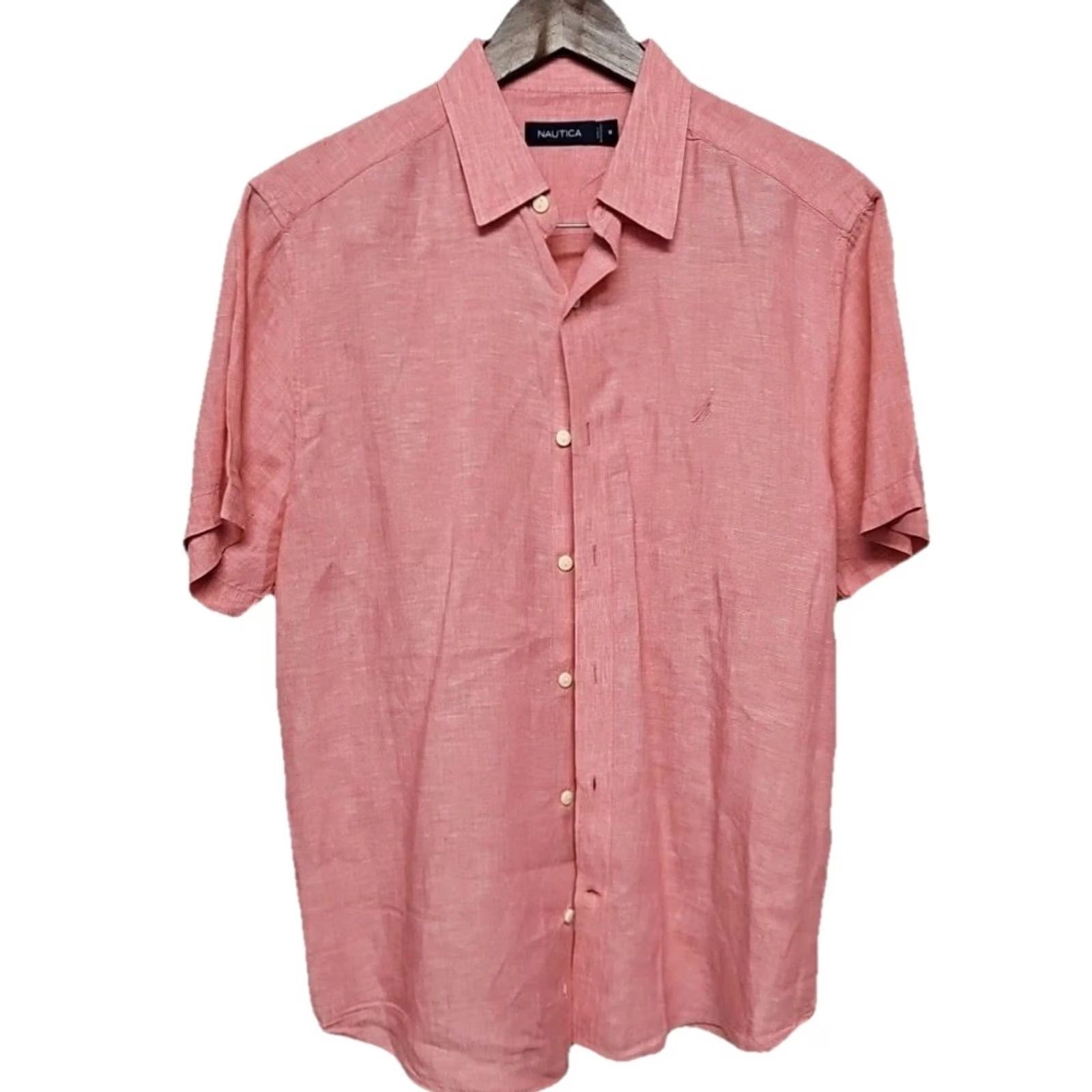Nautica Nautica Shirt Men’s Linen Pink Short Sleeve Button-Up Casual Summer Solid Collared Beach Preppy Vintage No (adjusted within rules) Size US M / EU 48-50 / 2 - 2 Thumbnail