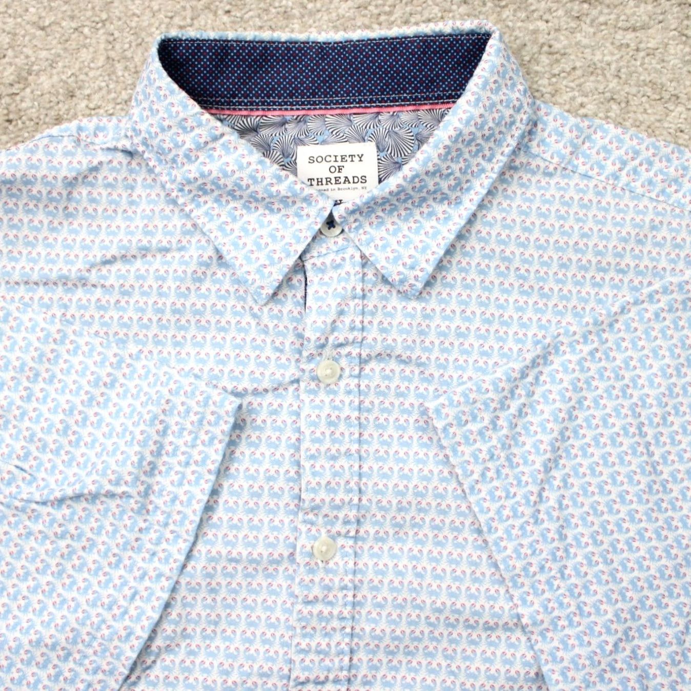 Vintage Society of Threads Shirt Mens XL Blue Crab All Over Print S/S Button-Up Graphic Print Casual Cotton Blend Twill Lightweight Breathable Non-Iron Size US XL / EU 56 / 4 - 2 Thumbnail