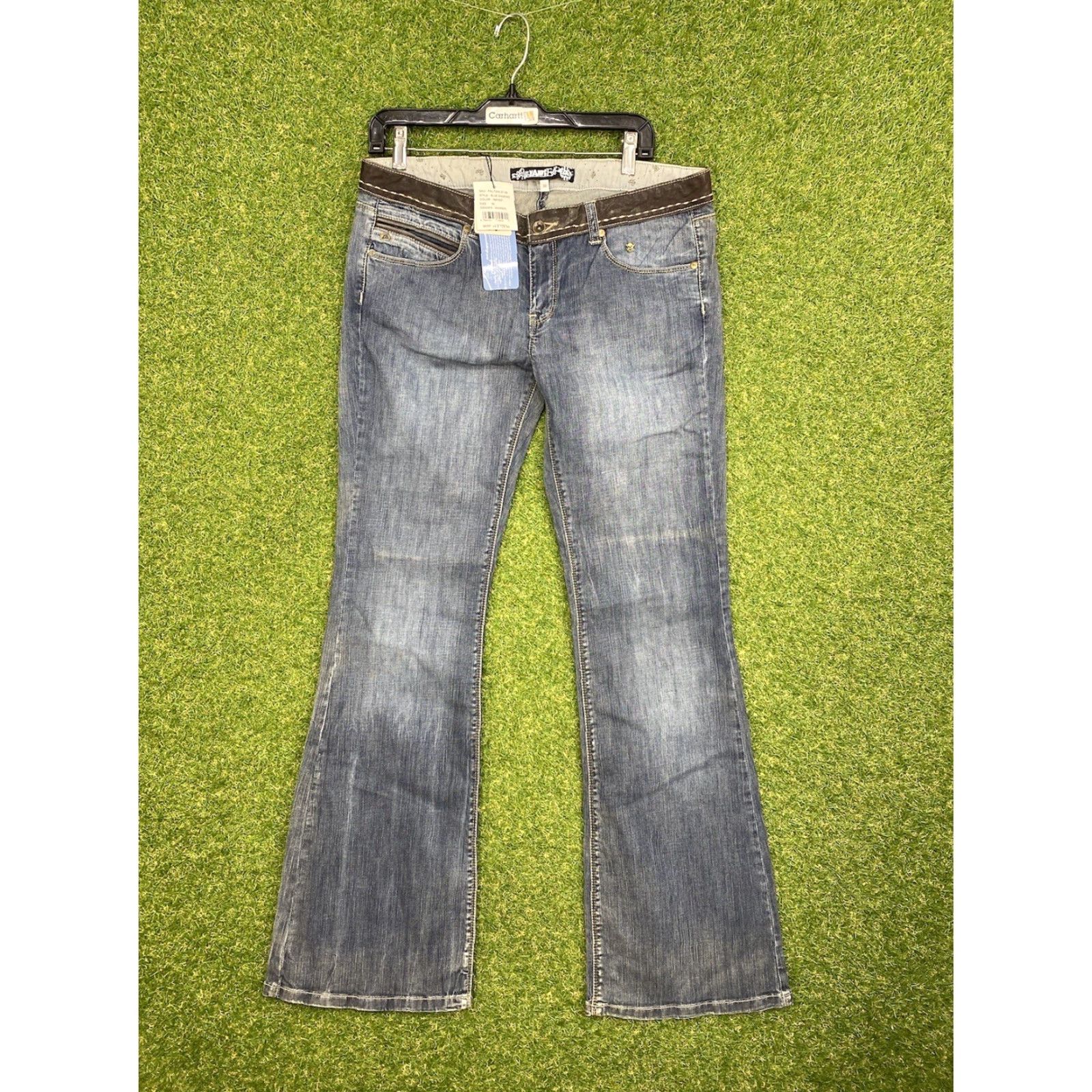 Vintage Allyance Blue Diamond Jeans Womens Size 29 Low Rise Flare 32x30 Leather Trim Jeans Size 29" - 2 Thumbnail
