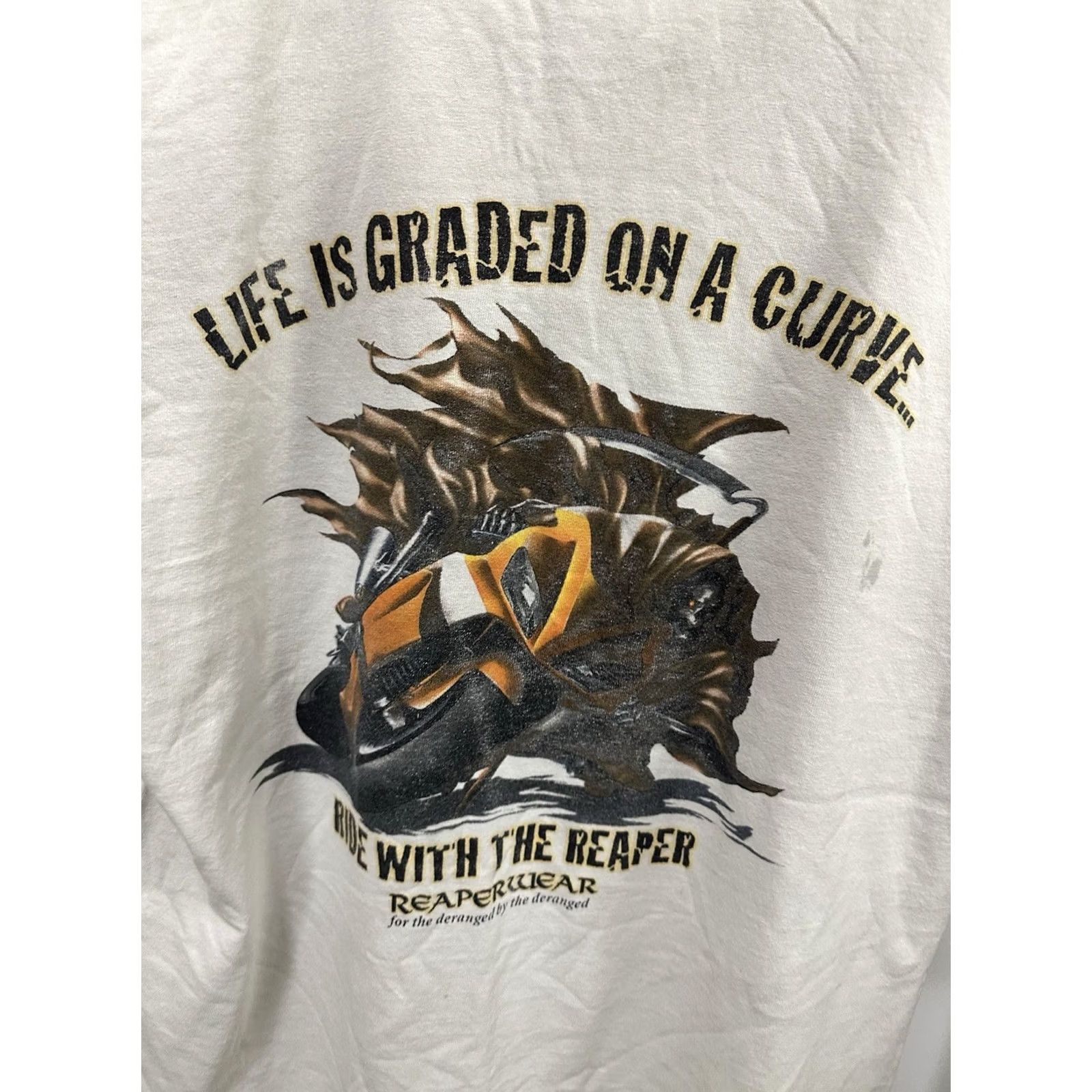 Gildan VTG Reaper Motorcycle Life Is Graded On A Curve Worn Distressed T-Shirt M Shirt Mens White Gildan Size US M / EU 48-50 / 2 - 5 Thumbnail
