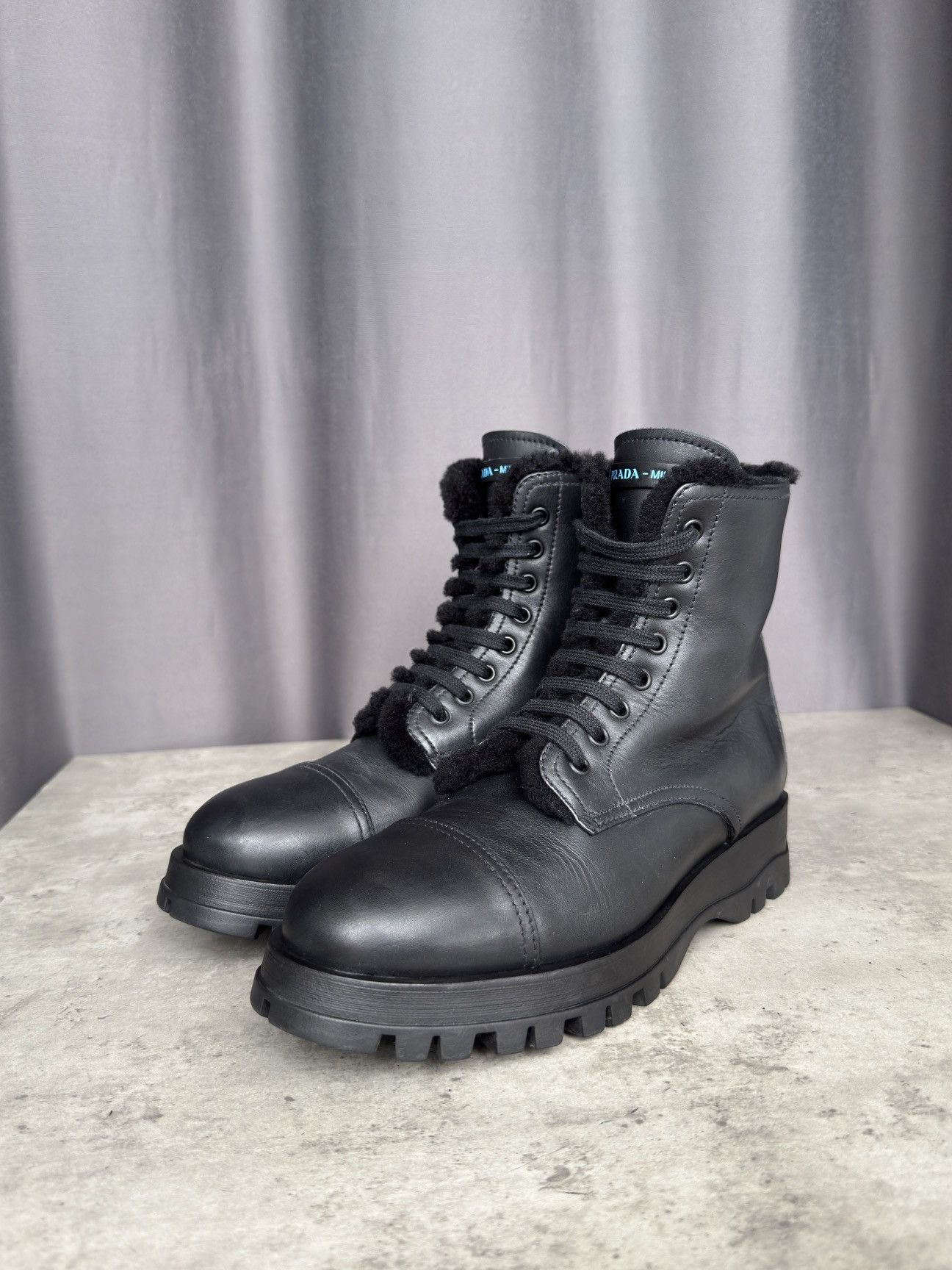 Prada Vintage Prada Fur Lined Shearling Black Leather Combat Boots Size US 7 / IT 37 - 1 Thumbnail