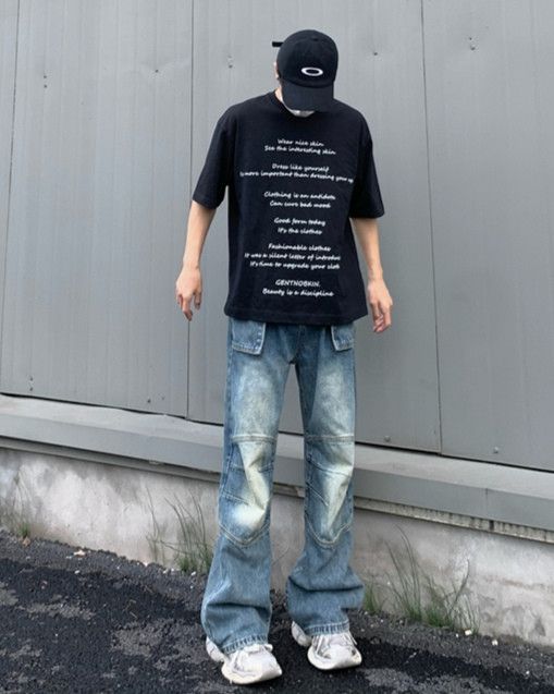 Knee pleated fade wash flaps Pocket Jeans