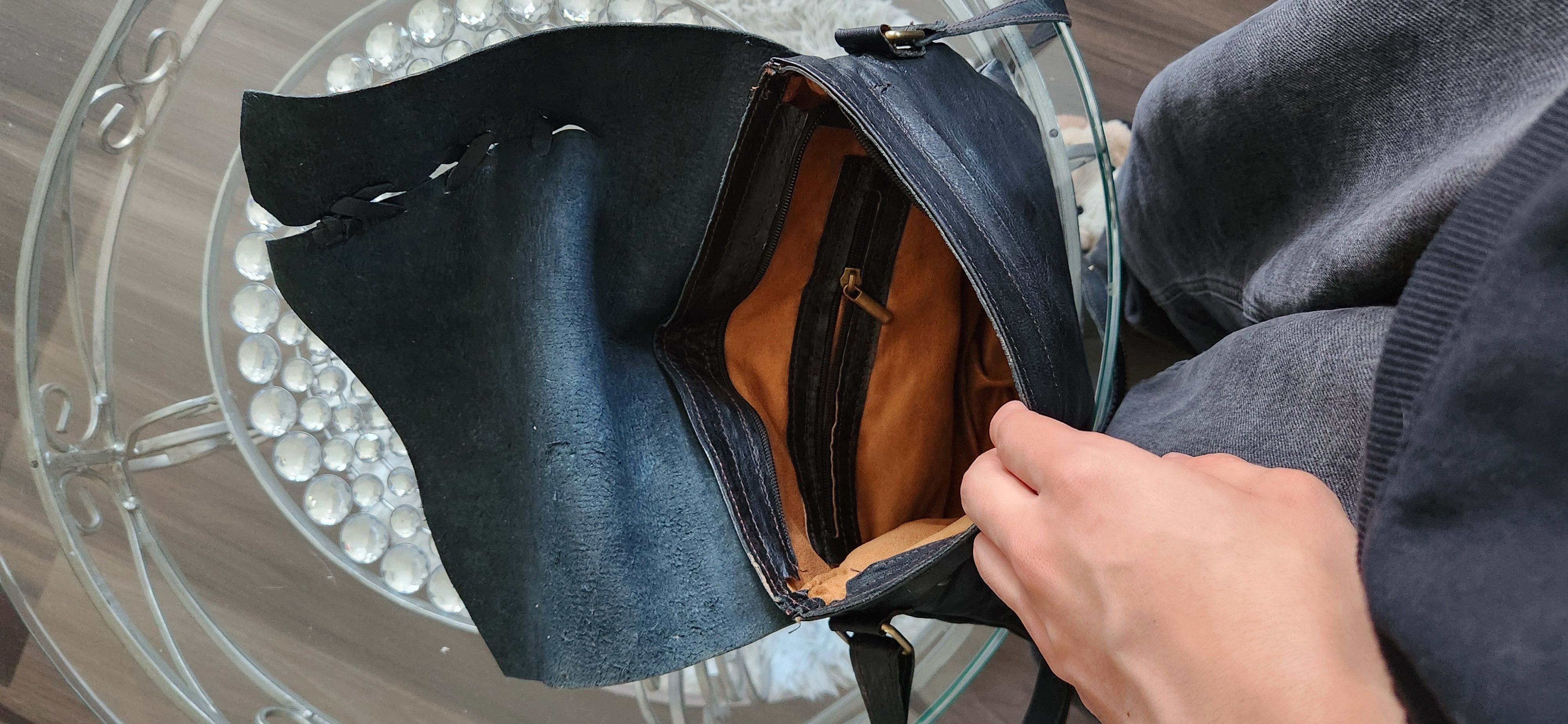 Black calf leather side bag