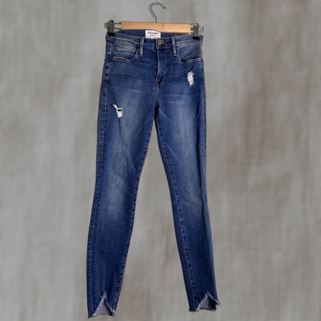 Frame FRAME Le High Skinny Triangle Raw Hem Seabright Dark Wash Jeans 26 Distressed Women Skinny Denim" Size ONE SIZE - 1 Thumbnail