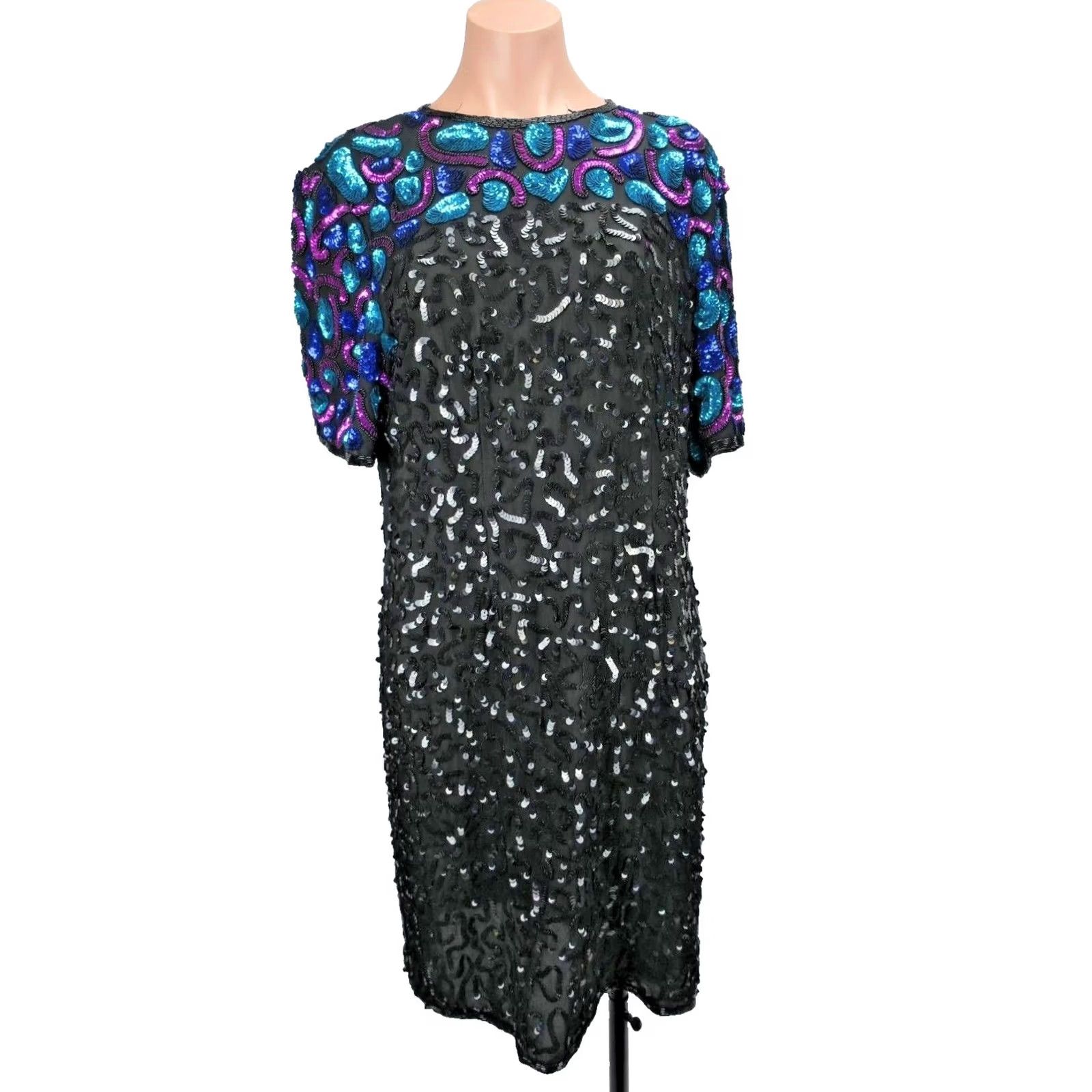 Pinko VINTAGE Laurence Kazar Gown Dress Beaded Sequin Evening Silk XL Blue Diamonds Gatsby Party Flapper Knee Length Size XL / US 12-14 / IT 48-50 - 2 Thumbnail
