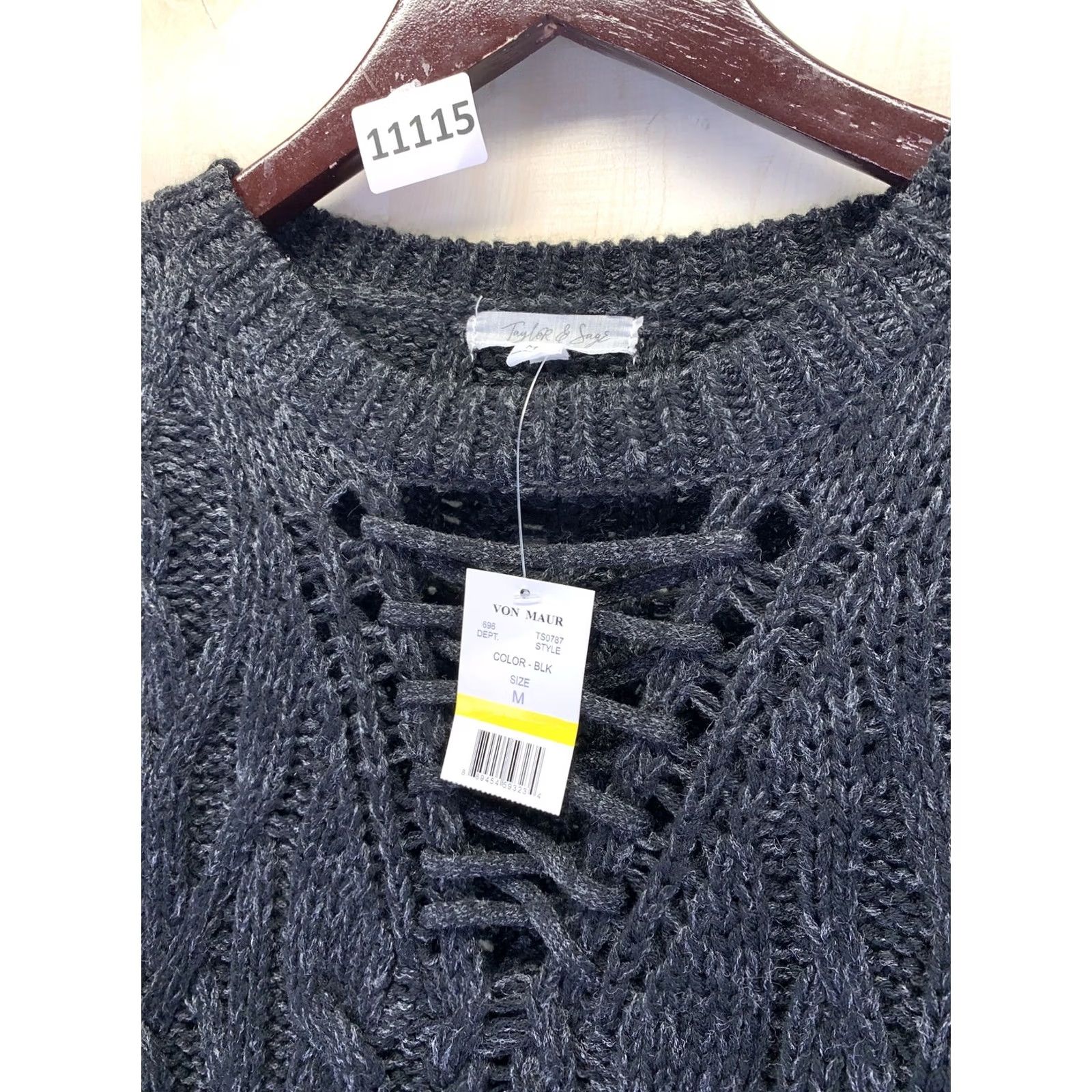 Vintage Taylor & Sage Marled Black Lace Up Chest Cable Knit Womens Medium Sweater NWT- Size M / US 6-8 / IT 42-44 - 3 Thumbnail
