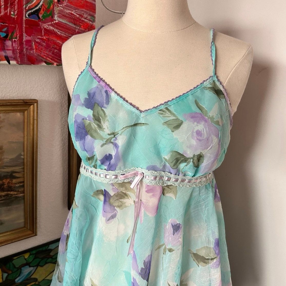 Other no brand no size tag vintage fliral blue slip tank top Size M / US 6-8 / IT 42-44 - 2 Thumbnail