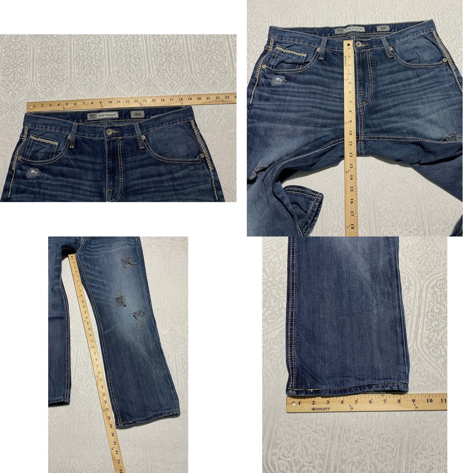 Vintage Buckle BKE Derek Straight Denim Jeans Mens 36R Blue Distressed Ripped 5-Pocket Design Jeans Straight Mens Blue 36 Size US 36 / EU 52 - 8 Thumbnail