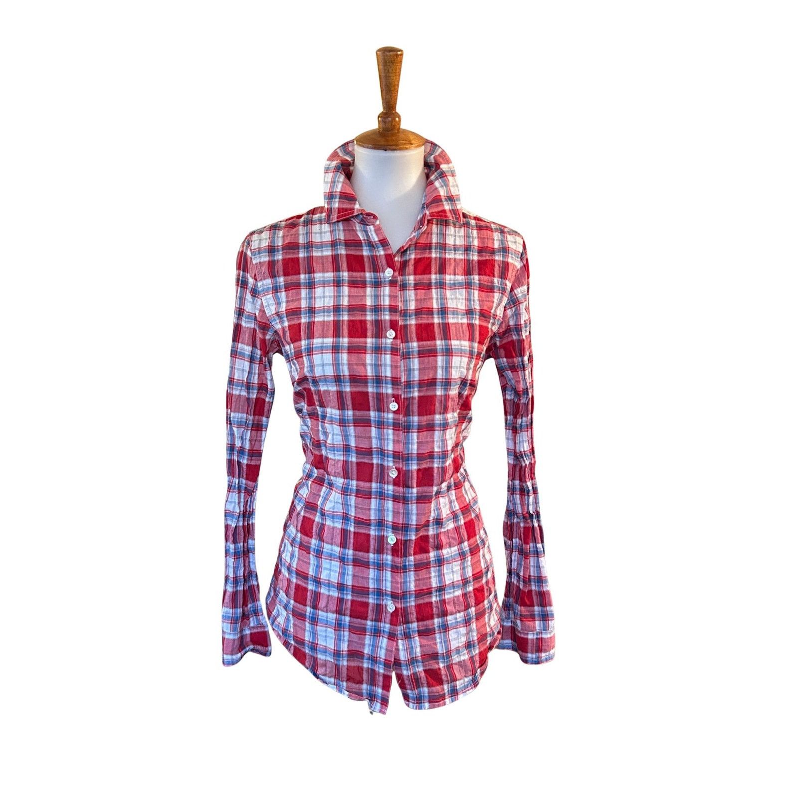 J.McLaughlin J. McLaughlin Red, White, Blue Cotton Crinkled Blouse, Small Size S / US 4 / IT 40 - 3 Thumbnail
