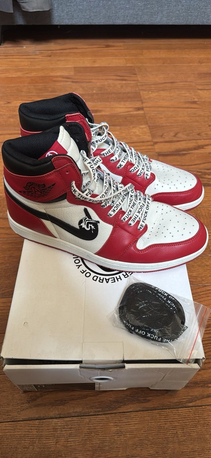 ineverheardofyou Ineverheardofyou Fuck Off Jordan 1s (Red/Black/White) Size US 11 / EU 44 - 1 Thumbnail