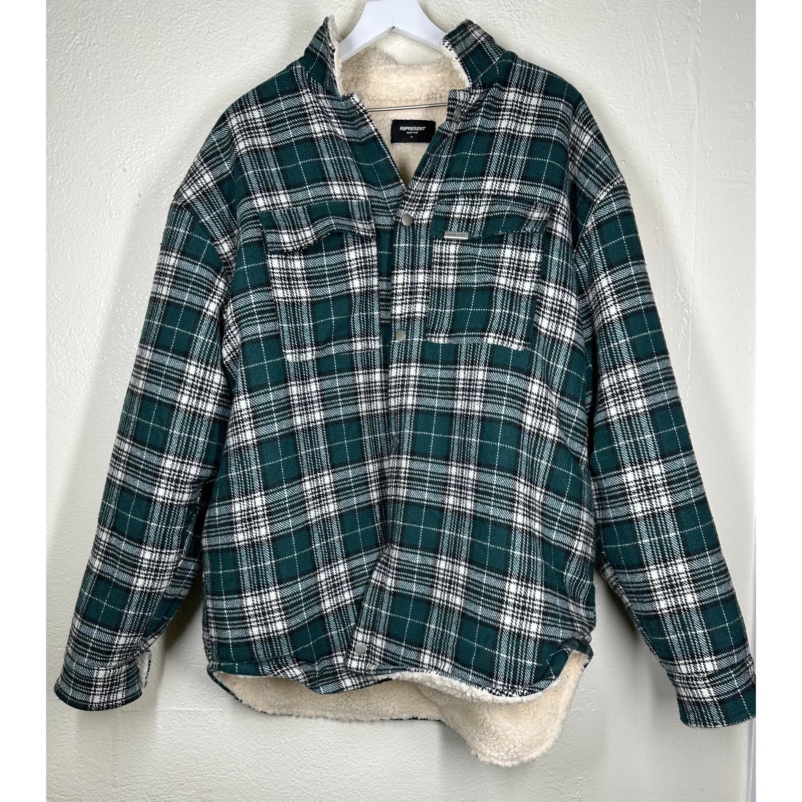 image of Represent Clo Sherpa Plaid Flannel Green Xl, Men's