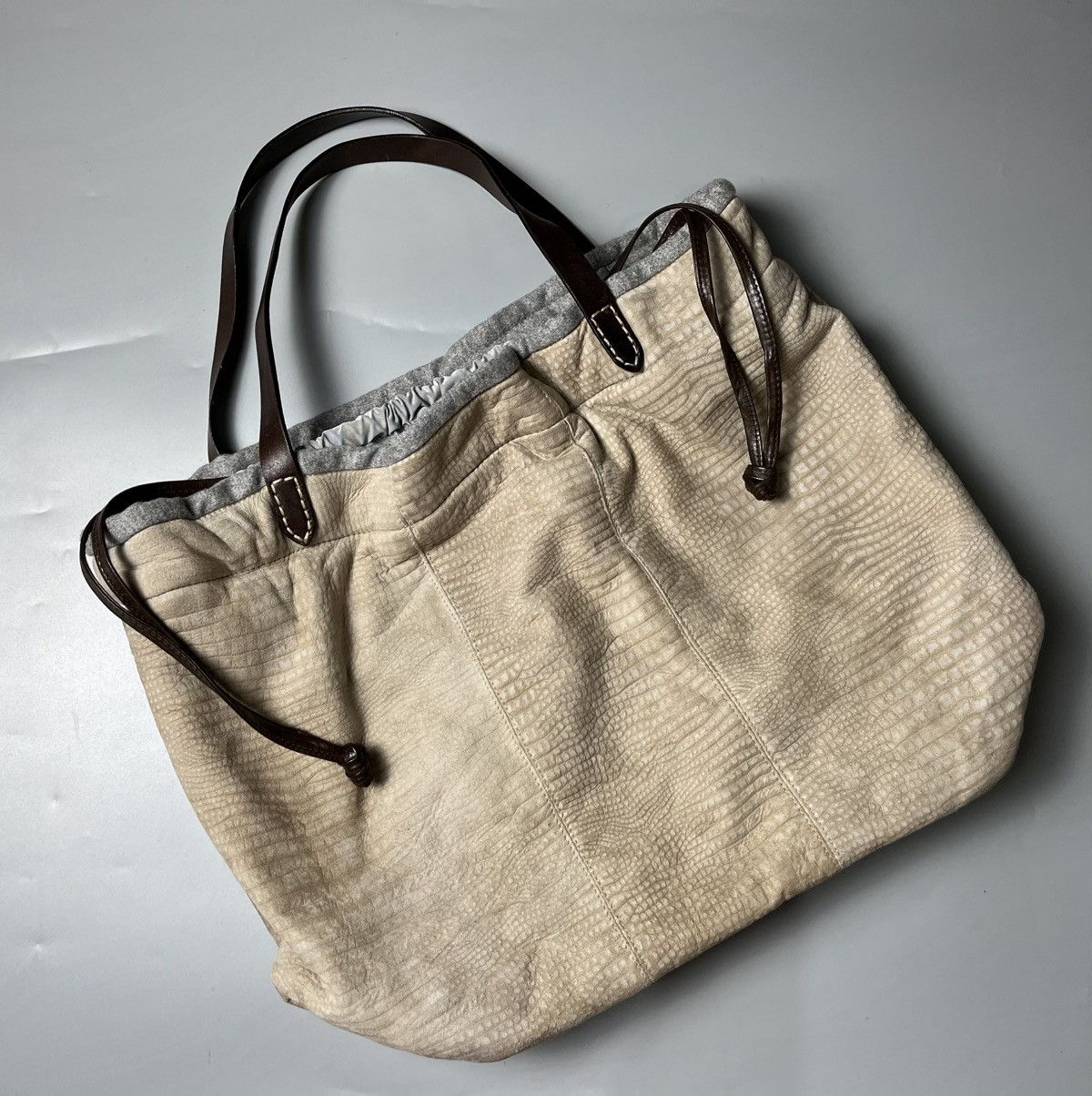 Brunello Cucinelli crocodile embossed suede tote bag