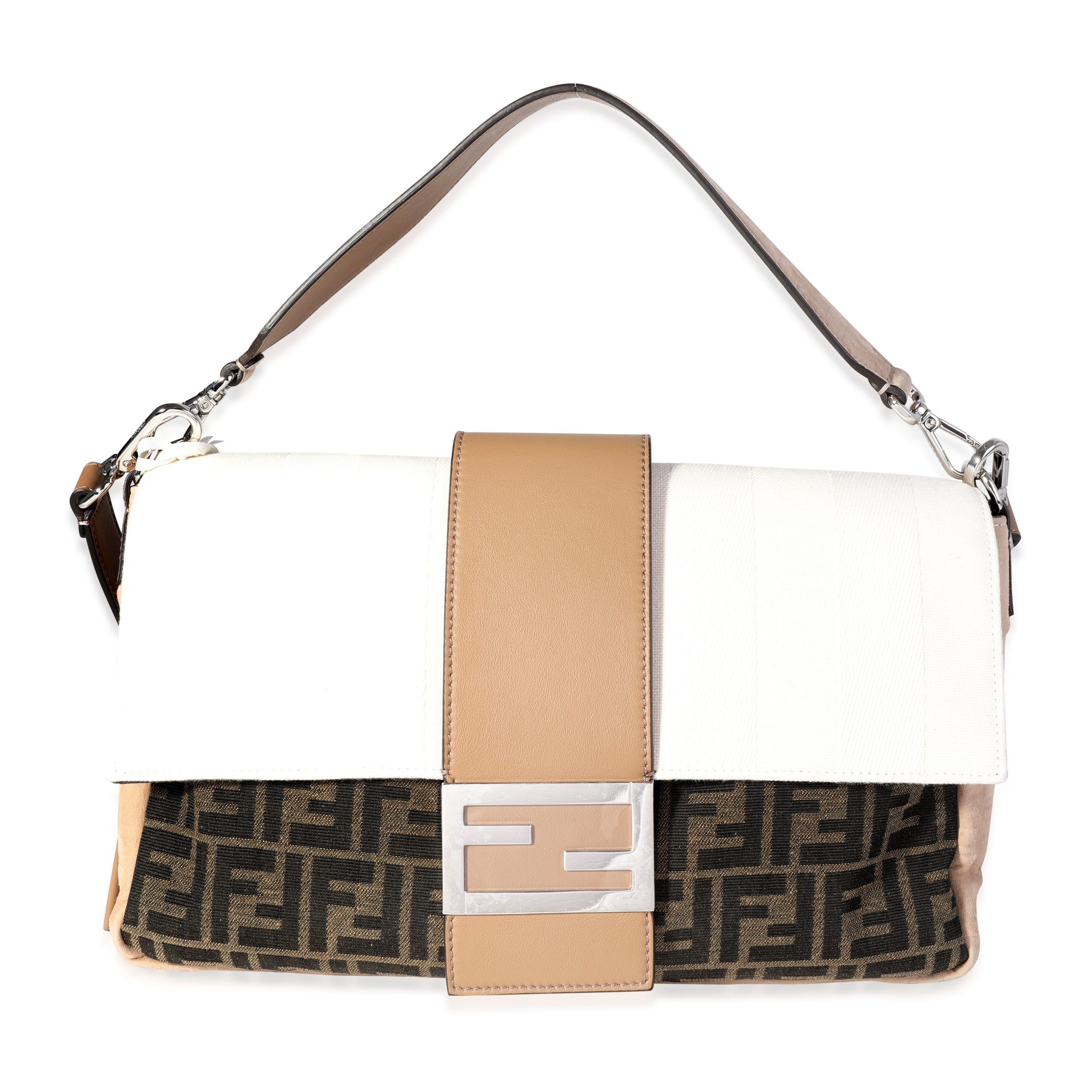 image of Fendi Tabacco Brown & Creme Zucca And Pequin Canvas & Suede Convertible Baguette in White, Women's