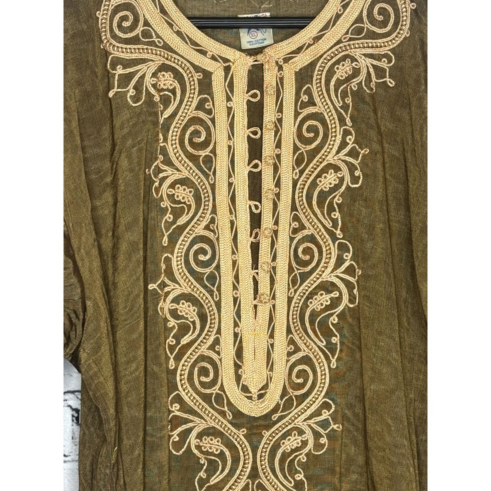 Vintage Moustafa Maxi Shirt Dress Women XL Gold Egypt Oversized V-Neck Cotton Long Sleeve? Size XL / US 12-14 / IT 48-50 - 2 Thumbnail
