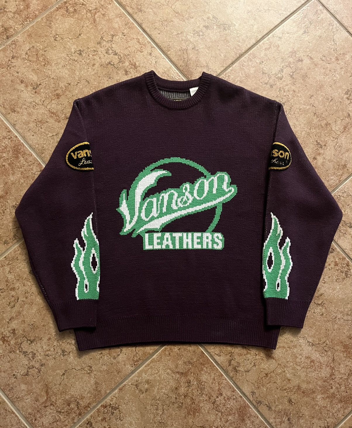 image of Supreme Vanson Leather Flame Sweater in Purple, Men's (Size XL)