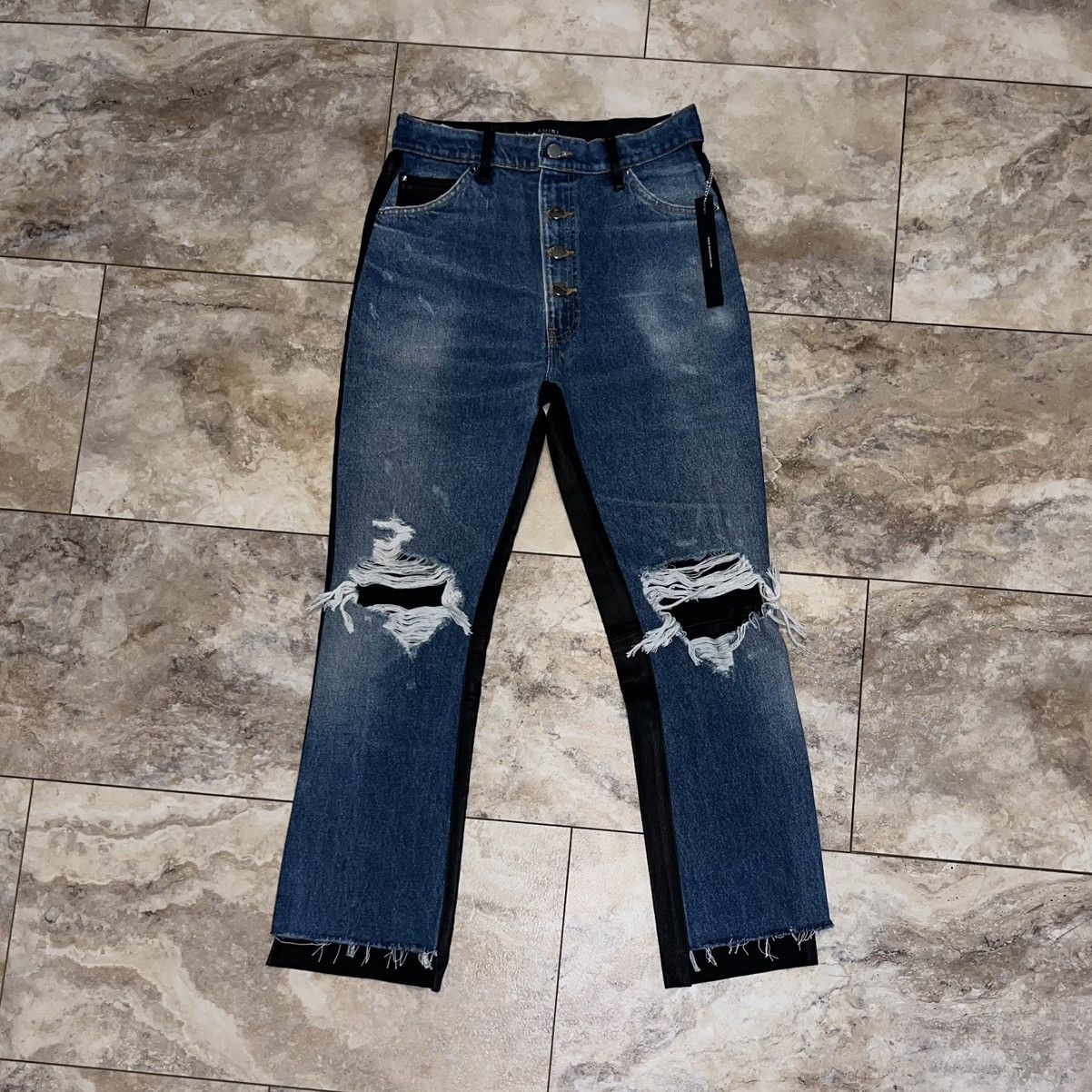 Amiri AMIRI Women’s Leather Crop Flare Jeans Indigo Distressed 27 Size 28" / US 6 / IT 42 - 1 Thumbnail
