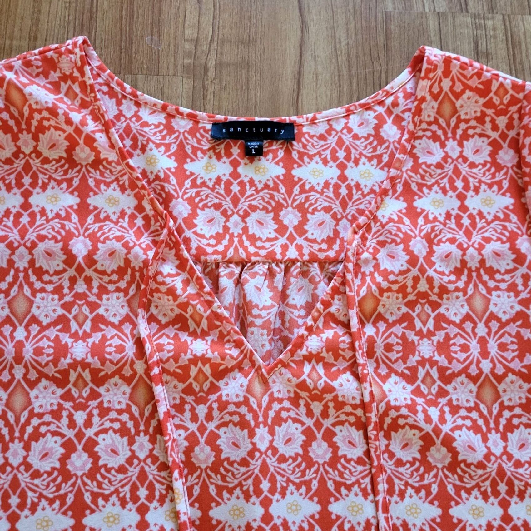 Sanctuary Sanctuary Shirt Womens Large Orange Floral Chiffon V-Neck Short Sleeve Blouse Casual Size L / US 10 / IT 46 - 3 Thumbnail