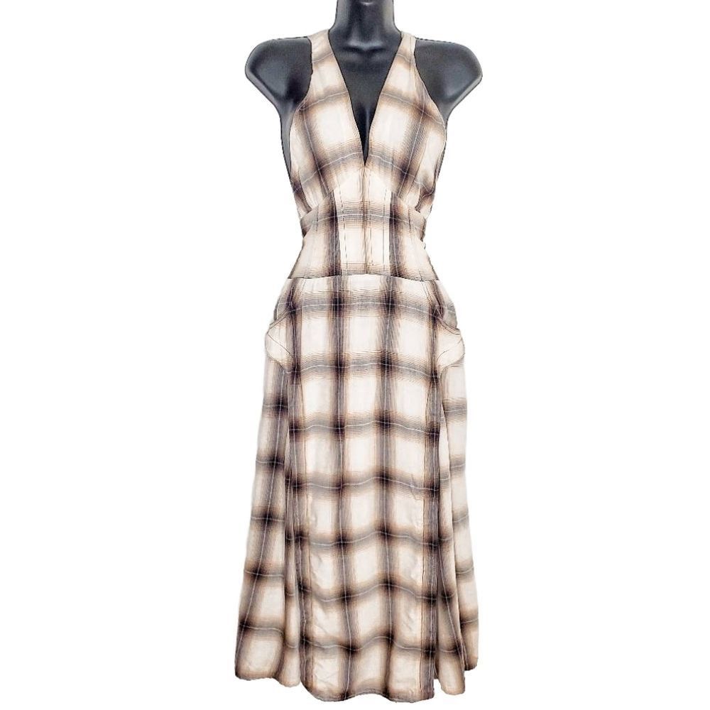 image of Jonathan Simkhai Brown Beige Plaid Plunge Neck Bustier Corse, Women's (Size Small)